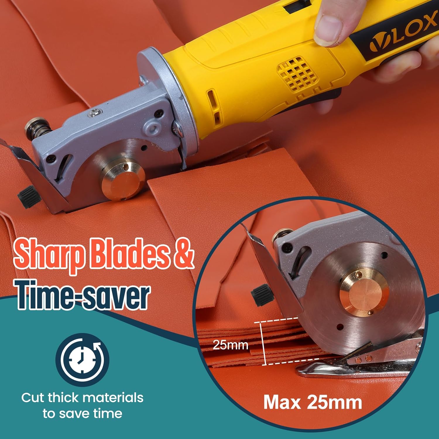 VLOXO Electric Rotary Fabric Cutter Cordless Electric Scissors, Multi-layer Fabric Cutter with Safety Lock and Replacement Blade Power Rotary Scissors for Cutting Leather, Carpet, Thick Fabric