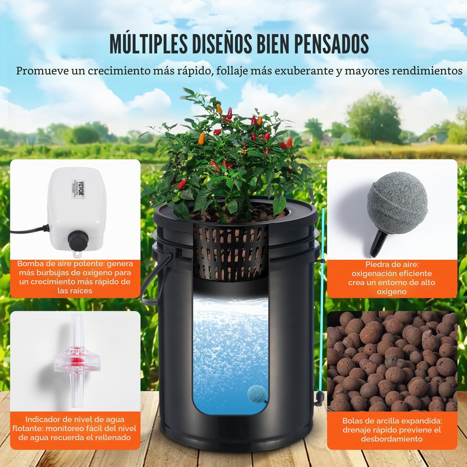 VEVOR DWC Sistema de Cultivo hidropónico, Kit de Goteo Superior, Cultivo en Agua Profunda de 20 l, 2 Cubos, con Bomba de Aire, Piedras de Aire, Dispositivo de Nivel de Agua, para Verduras de Hoja