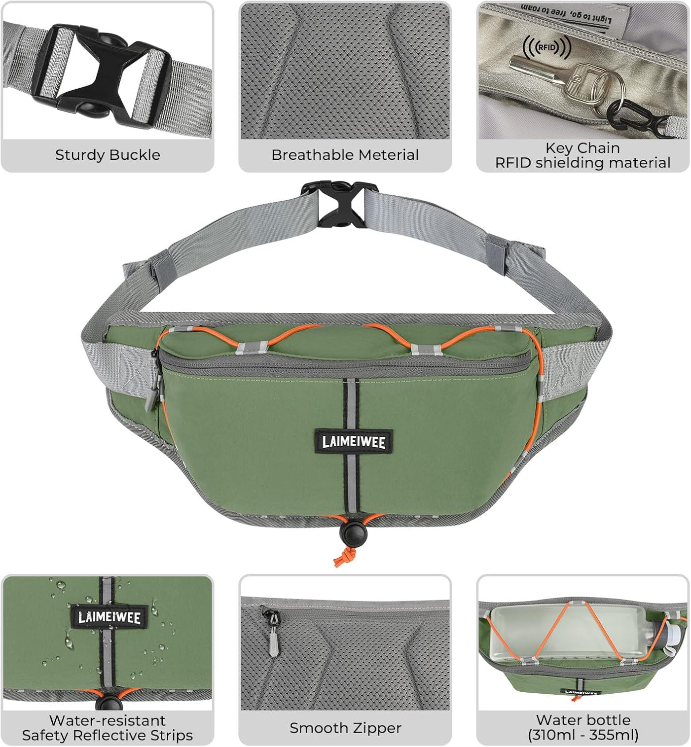 Fanny Pack for Women Men, Water-Resistant Travel Waist Pack with RFID Blocking, Wide Opening Crossbody Belt Bag for Phone, Passport, Small Hip Pack for Running, Hiking, Workout（Green）