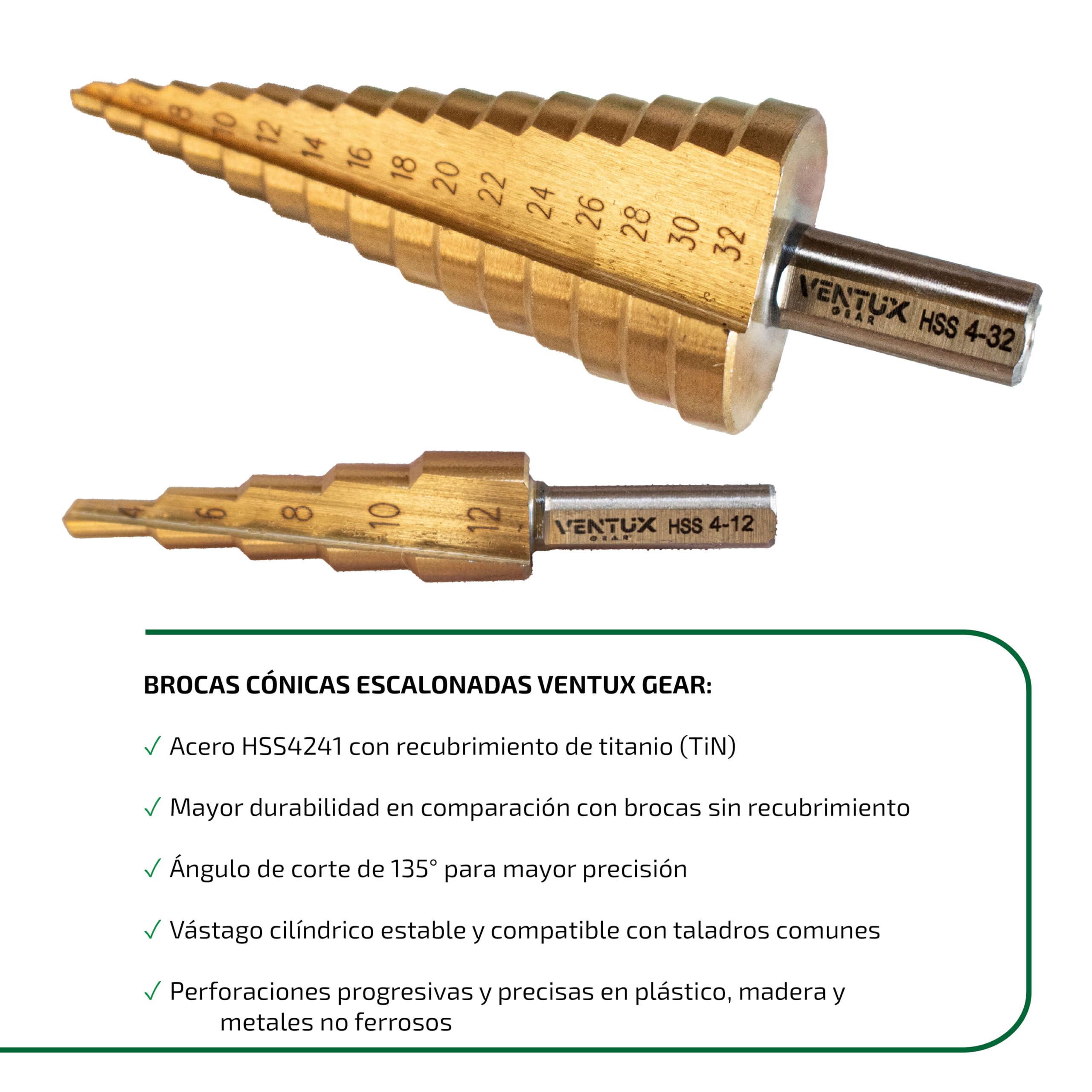 Juego de 2 Brocas Cónicas Escalonadas de Ø4-32mm y Ø4-12mm en Acero HSS4241 con Revestimiento de Titanio – Taladro para Madera, Plástico y Metal - Dureza HRC61-63
