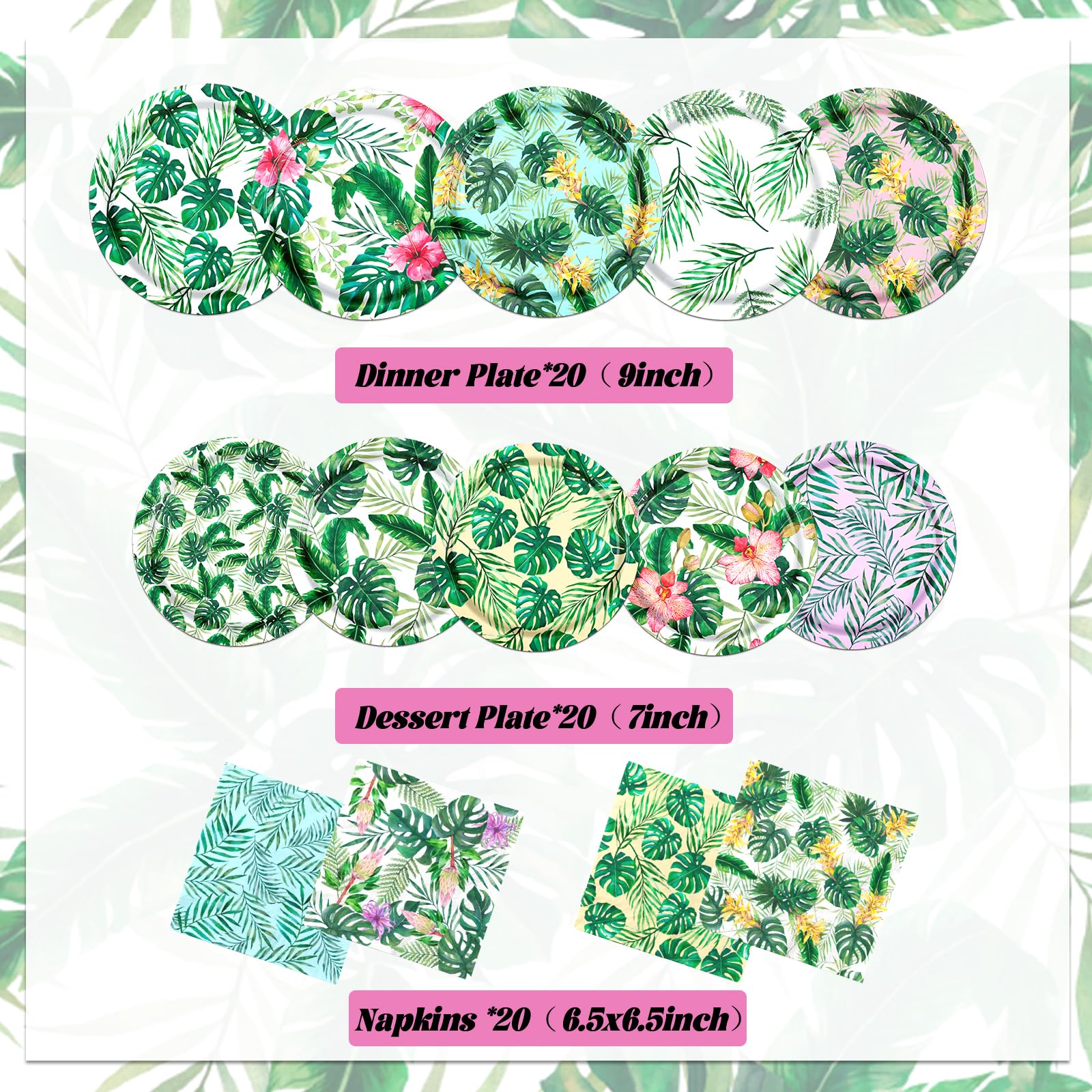 Suministros de fiesta tropical Luau, 60 platos y servilletas hawaianas para fiesta de cumpleaños hawaiana, decoraciones temáticas de hojas de palma tropicales para verano, piscina, playa, recuerdos de
