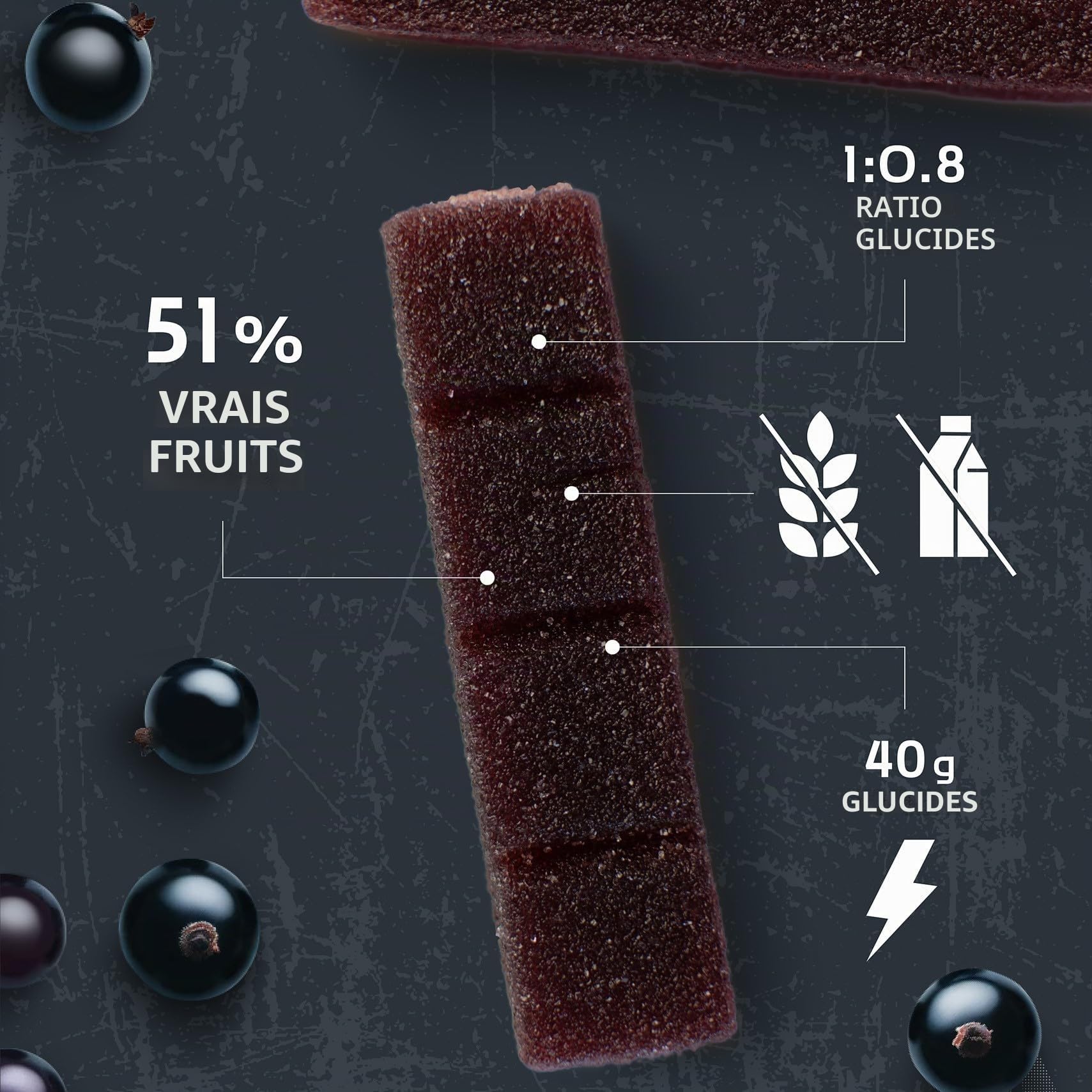 AMACX Turbo Barre Energetique Sport Fruit Chew – Paquet de 12 – Pate de Fruit Sport avec Electrolyte – Healthy Snacks Vegan – Sans Gluten – 123kcal – Ratio Glucides 2:1 – Nutrition Sportive – Cassis
