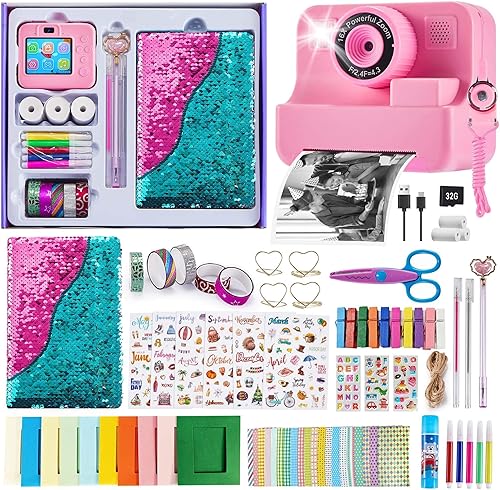 Cámara de impresión instantánea para niños, cámara de video selfie de 1080P con kit de diario de bricolaje, más de 200 accesorios, regalos de