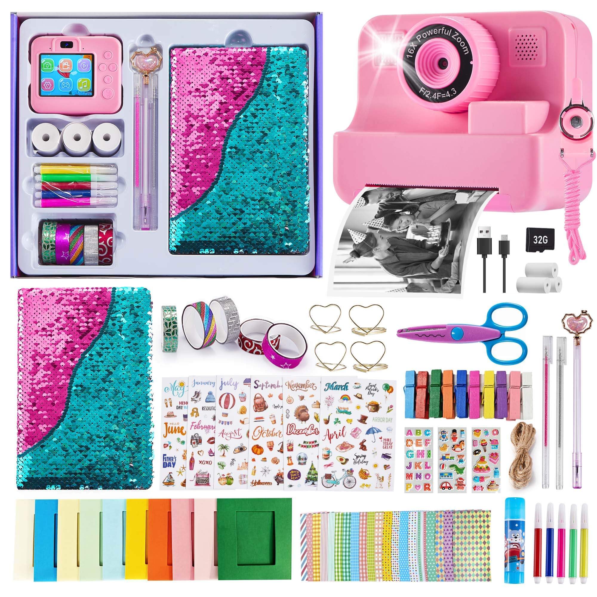 Kids Instant Print Camera, 1080P Selfie Video Camera with DIY Journal Kit – 200+ Accessories, Christmas & Birthday Gifts for Girls & Boys Ages 3-12 (