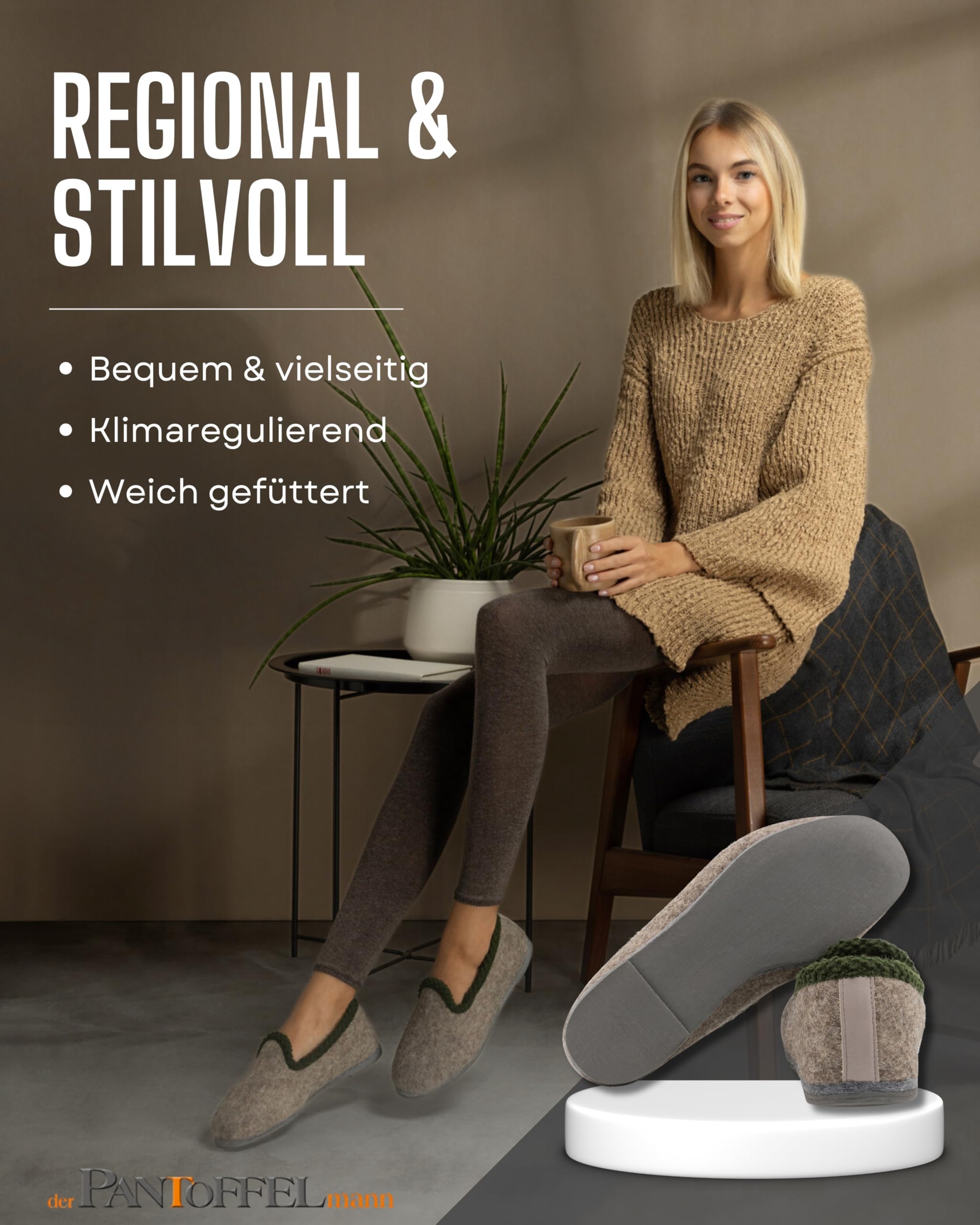 Pantoffelmann Filzpantoffeln aus 70% Wolle mit Gummisohle, Grau, Gr. 43