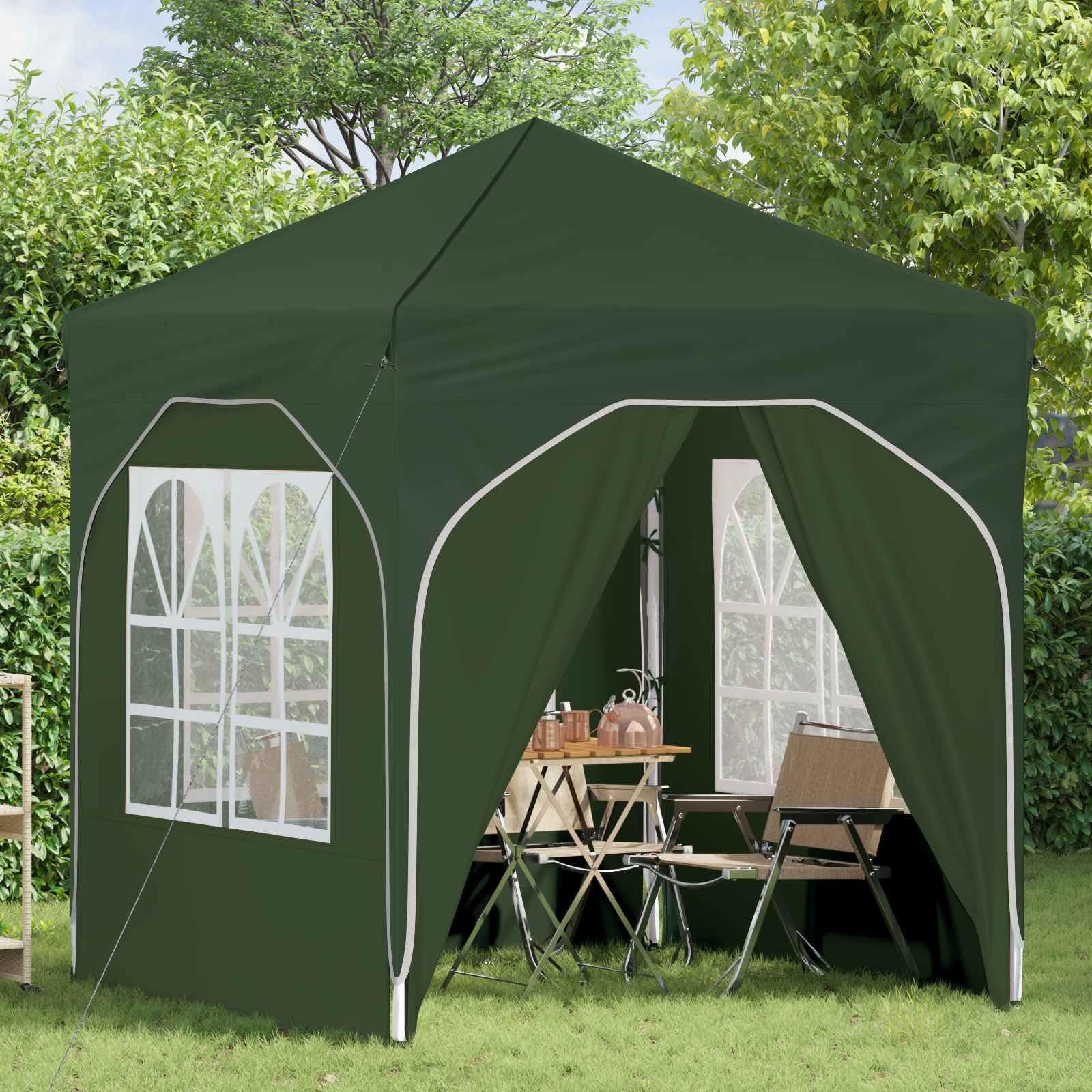 Namiot imprezowy Pop-up, zielony, 192 x 192 x 245 cm, składany, wodoszczelny, odporny na działanie promieni UV z 4 ściankami bocznymi, regulacja wysokości 227-245 cm, łącznie z torbą do