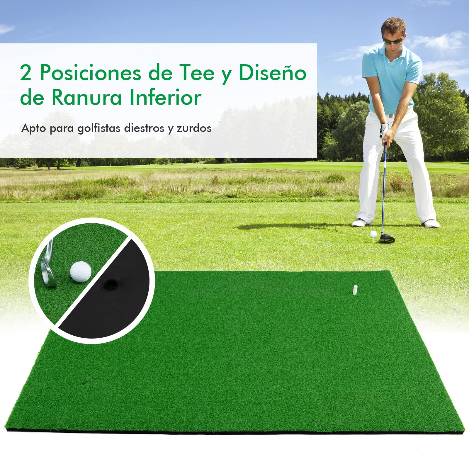 COSTWAY Tapete de Golf 1,5 x 1 m, Alfombrilla con Césped Sintético 12mm y 2 Posiciones para tee, 3 Camisetas de Goma, Alfombra de Práctica de Golf Uso Interno y Externo