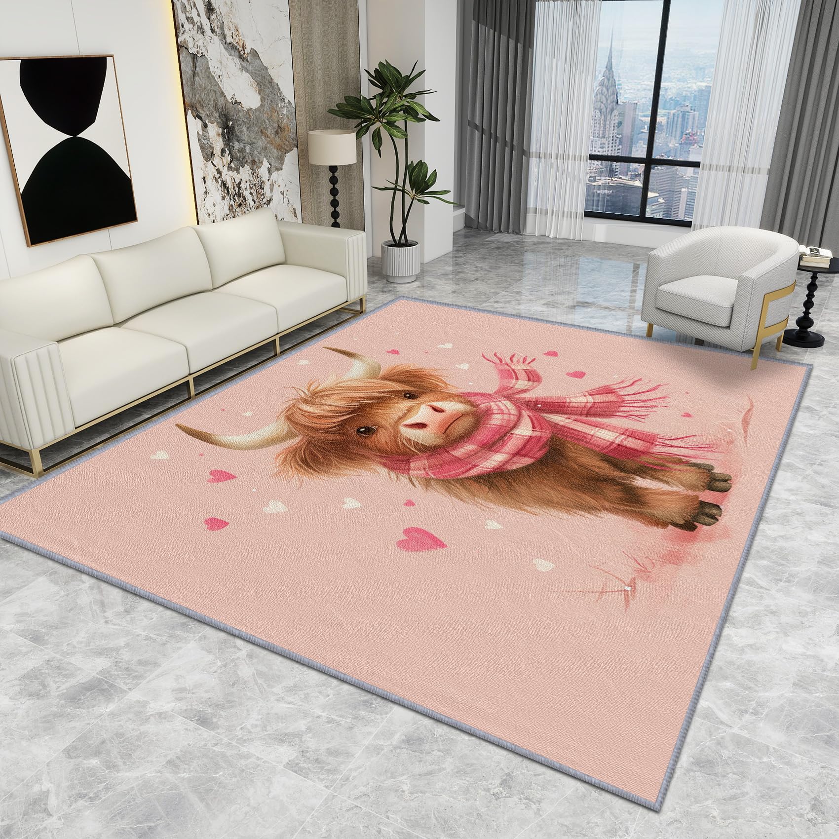 Highland Cow Rug Nursery - Highland Cow Rug - Cute Cartoon Farm Animal Pink Rugs, Kids Girls Nursery Baby Carpet, Washable Rug Non Slip Large Area Rugs, Highland Cow Home Decor Gifts, 100 X 100 cm