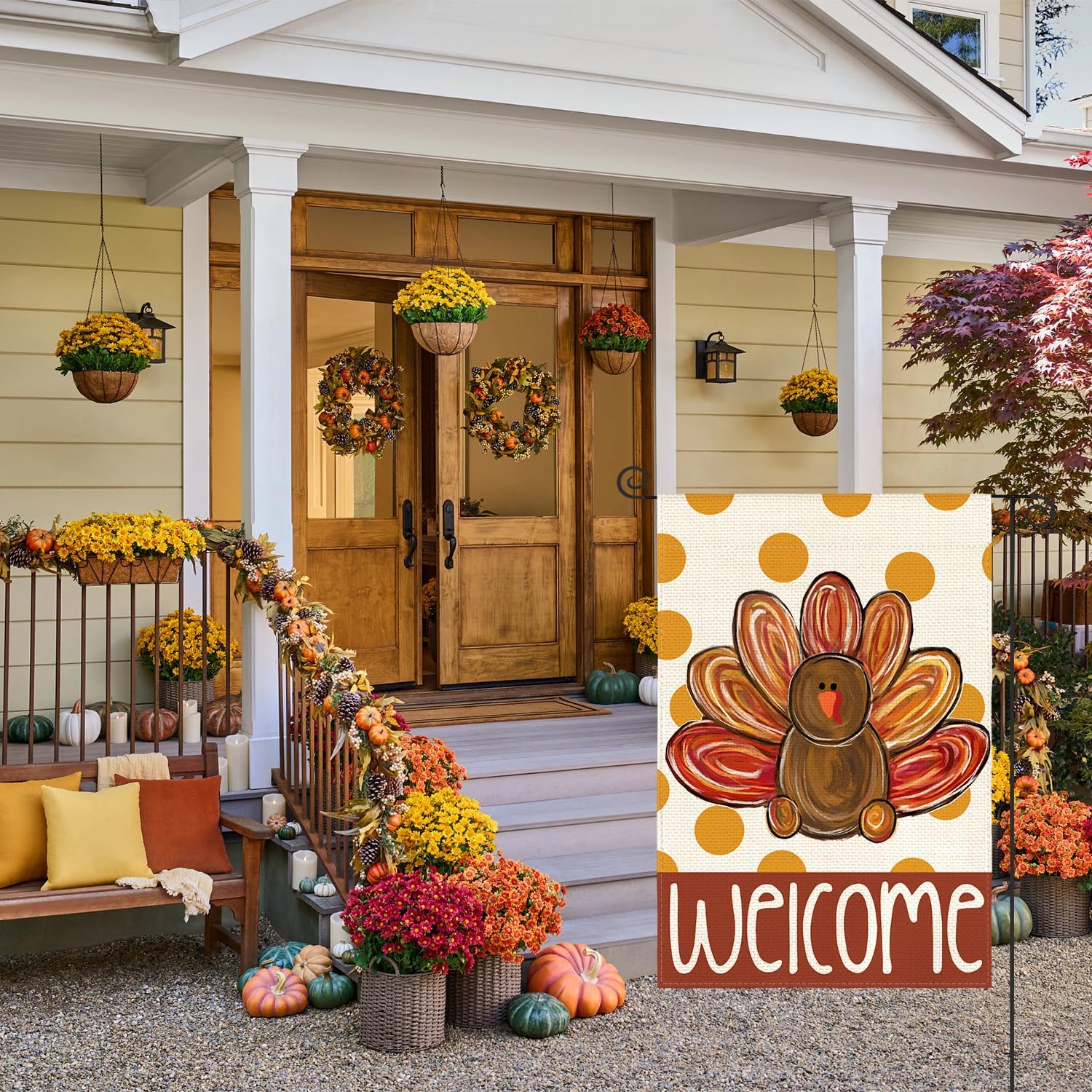 AVOIN colorlife Thanksgiving Turkey Garden Flag 12x18 Inch Double Sided, Welcome Polka Dots Yard Outdoor Decorative Flag - Image 2