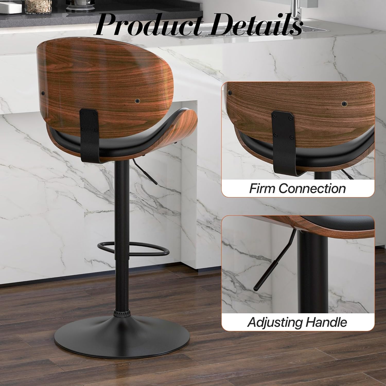 Adjustable Swivel Bar Stools 1 PC, Modern Bentwood Barstool with Large Metal Base and Footrest, PU Leather Upholstered Bar Chair with Curved Back for Kitchen Island Dining Room, Black