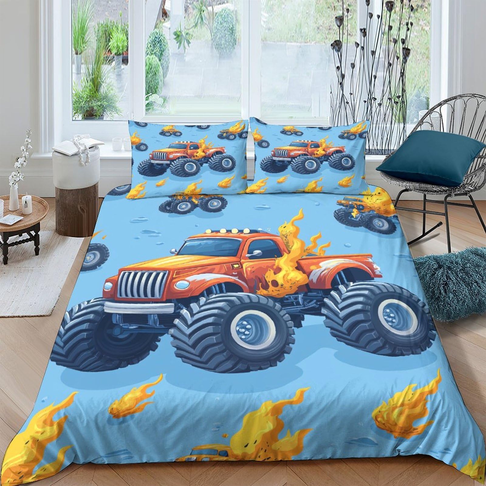 Ctjqhvkz Style-4 3D Printed Monster Truck Fitted Sheet Microfiber Soft Blue Flames Bed Sheet For Bedroom Dorm Mattress Protection Decor Single（135X200cm）