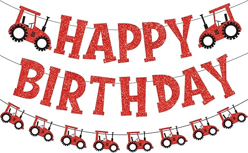 Cartel de cumpleaños de tractor, decoración de fiesta de tractor rojo con purpurina roja, pancarta de feliz cumpleaños, guirnalda de tractor para