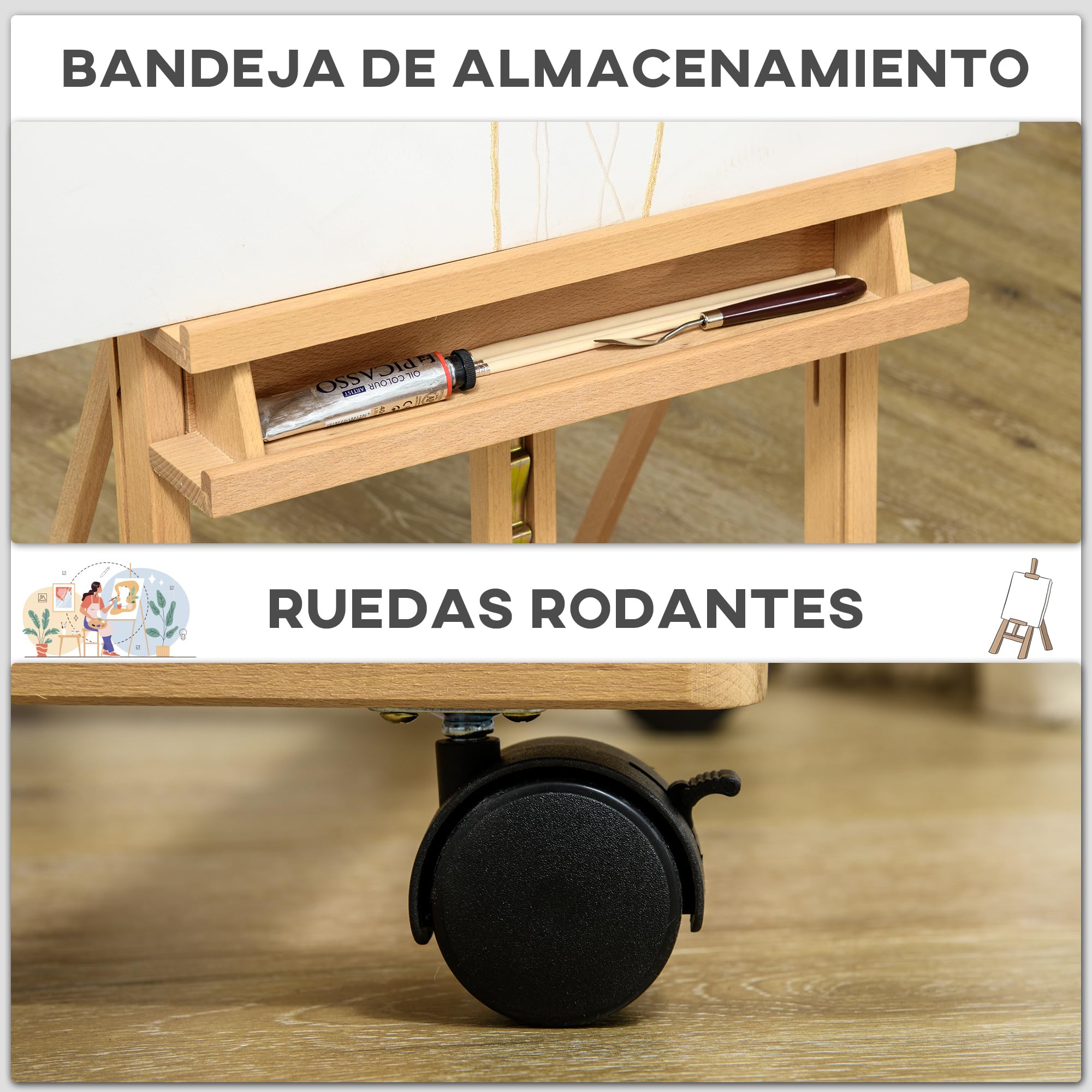 Vinsetto Caballete de Pintura Plegable, 238 cm, Caballete de Madera con Ruedas, Altura Ajustable, Bandeja, para Adultos, Artistas, Pintor, Estudiantes, Natural