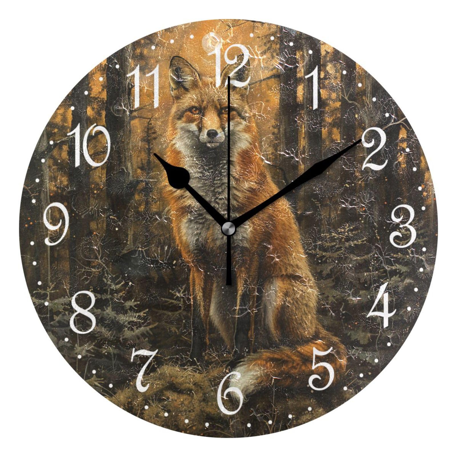 Mnsruu Wall Clock Fox Forest Sun, Silent Non-Ticking Decorative Wall Clocks Battery Operated 25x25cm