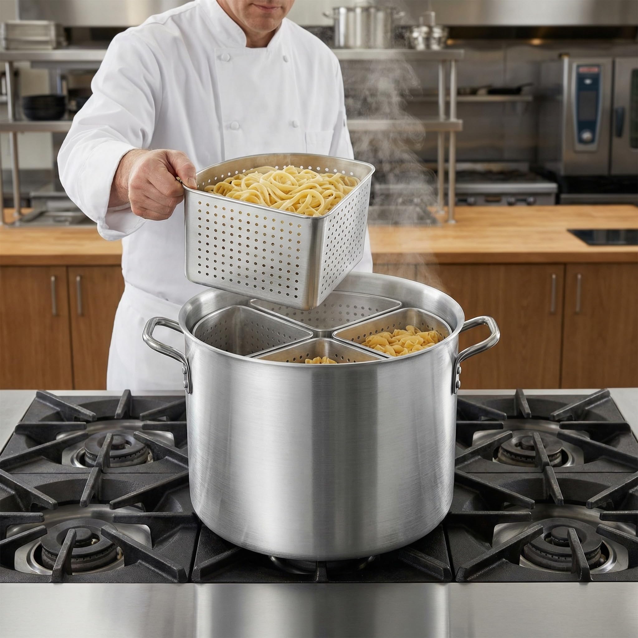 20 Qt Olla de Pasta de Aluminio 5-Pieces Set con cestas de colador de Acero Inoxidable Cocina Comercial Resistente para Fideos Verduras Mariscos Restaurante Cafetería Cocina simultánea eficiente
