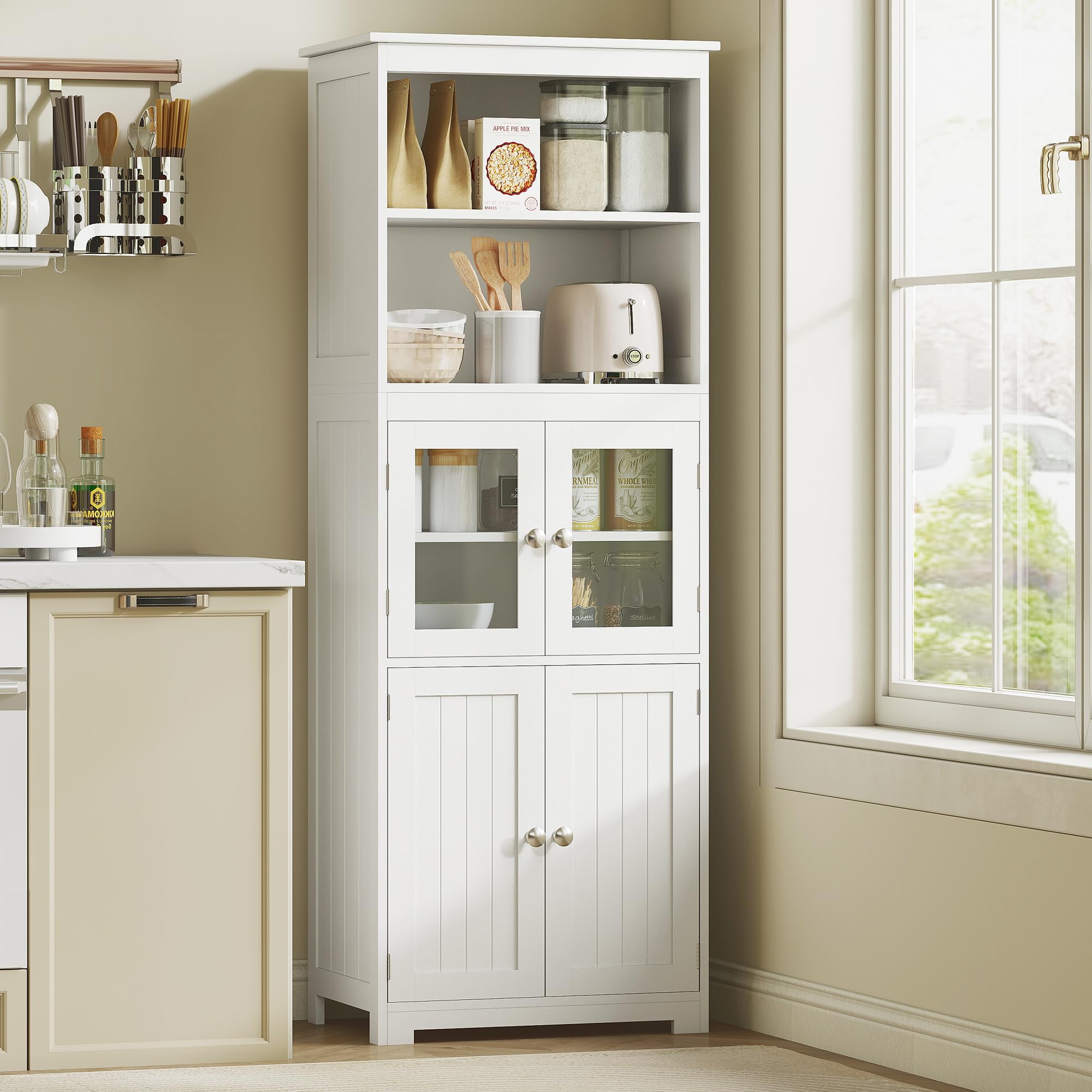 HOMCOM Küchenschrank, Küchenbuffet, Vitrinenschrank mit 2 Schränken, 2 Offenen Ebenen, Mehrzweckschrank mit Anti-Kipp-Schutz, für Esszimmer, Wohnzimmer, 60 x 30 x 162 cm, Weiß