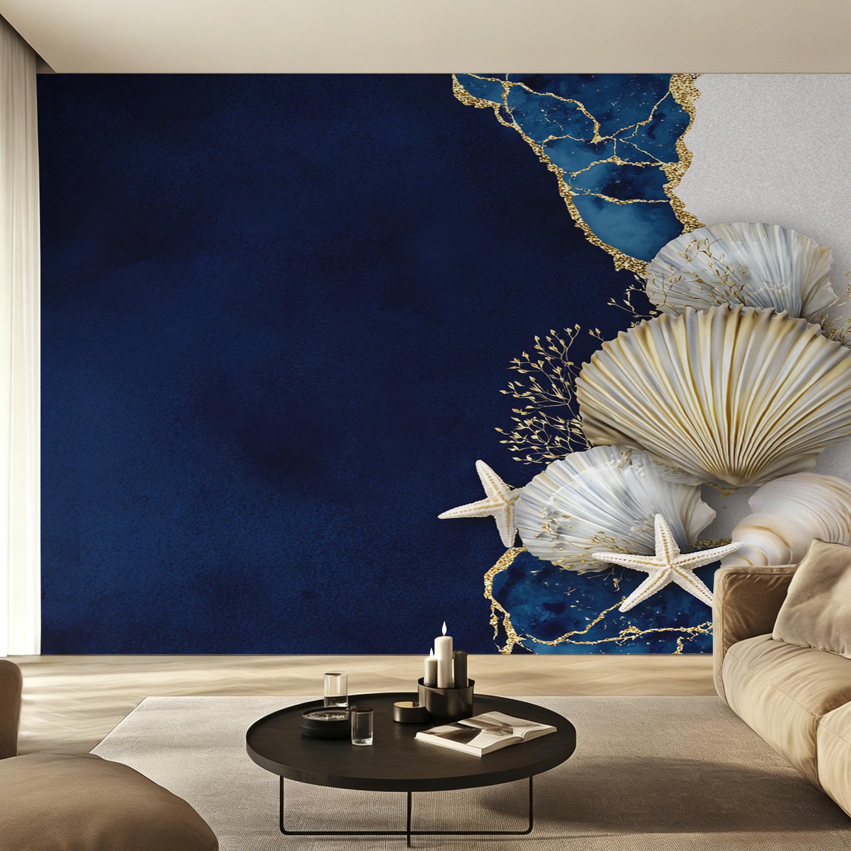Papier peint panoramique nautique marbre bleu marine 300x210 cm