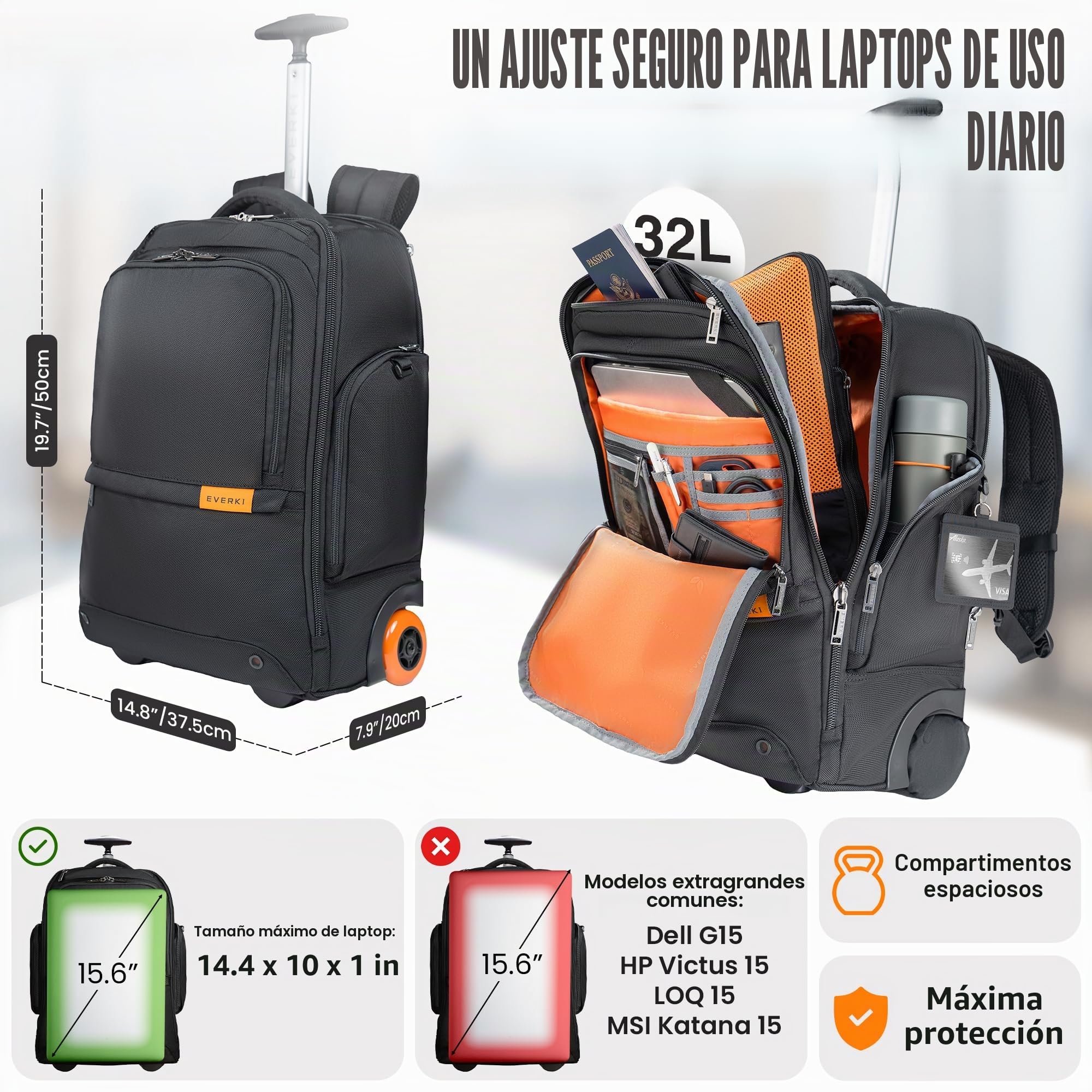 Everki Wheeled 123 mochila para portátil con ruedas – para portátil 15,6" y MacBook 16", equipaje de mano con ruedas reemplazables, bolsa de trabajo para profesionales