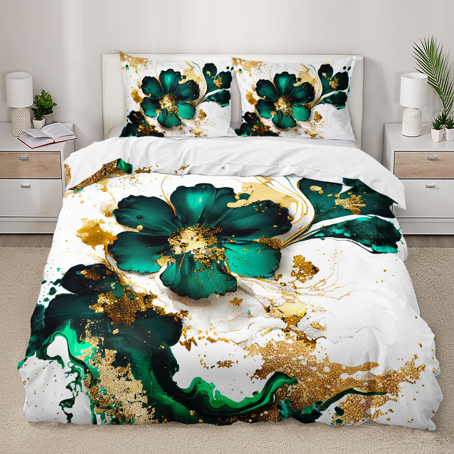 AILONEN Marble Flowers Duvet Cover Set Queen Size,Gold Green Floral Bedding Set,Modern Luxury Comforter Cover Set for Girls Room Decor,1 Quilt Cover and 2 Pillowcases for Girls,3 Pieces