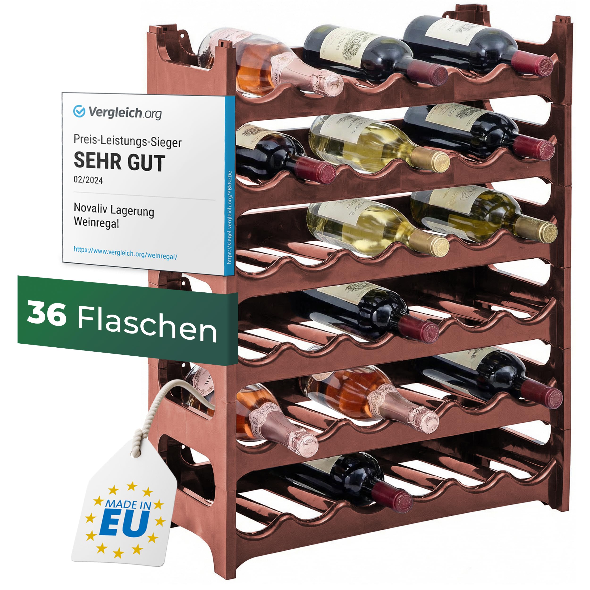 Novaliv Botellero para 36 botellas, estantería marrón, de plástico resistente, apilable (marrón, 6)