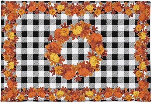 Thanksgiving Pumpkin Maple Leaf with Black White Plaid Bath Mat,Bathroom Non-Slip Absorbent Rug,Bathroom Decor Microfiber Memory Foam Soft Rug Bath