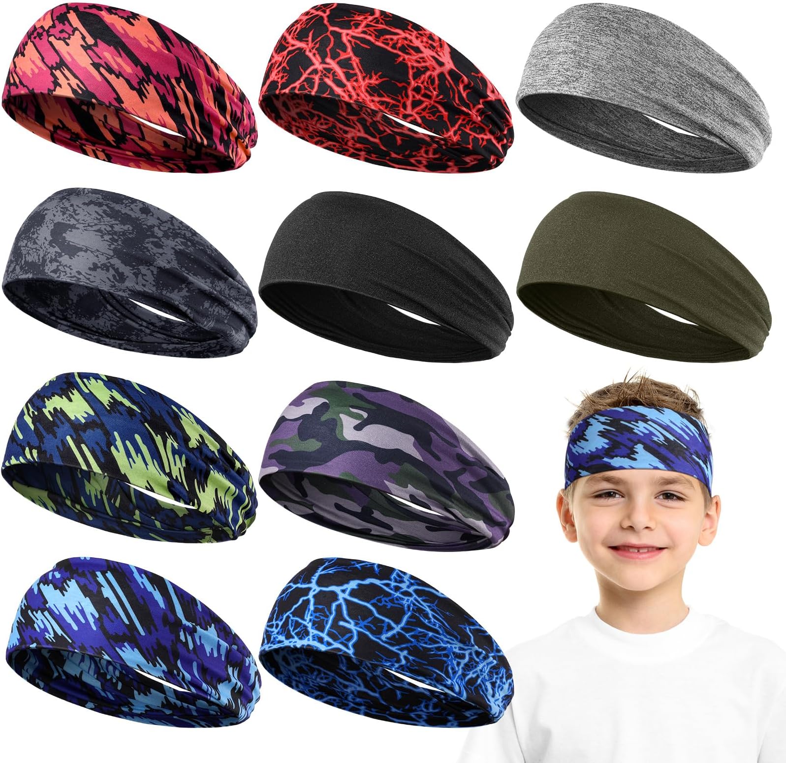 10 PCS Sweatbands for Kids Soccer Headbands Boys Sports Kids Sweatbands Breathable Sweat Wicking Headband for Youth Basketball, Football, Baseball, Running (Novel Style)