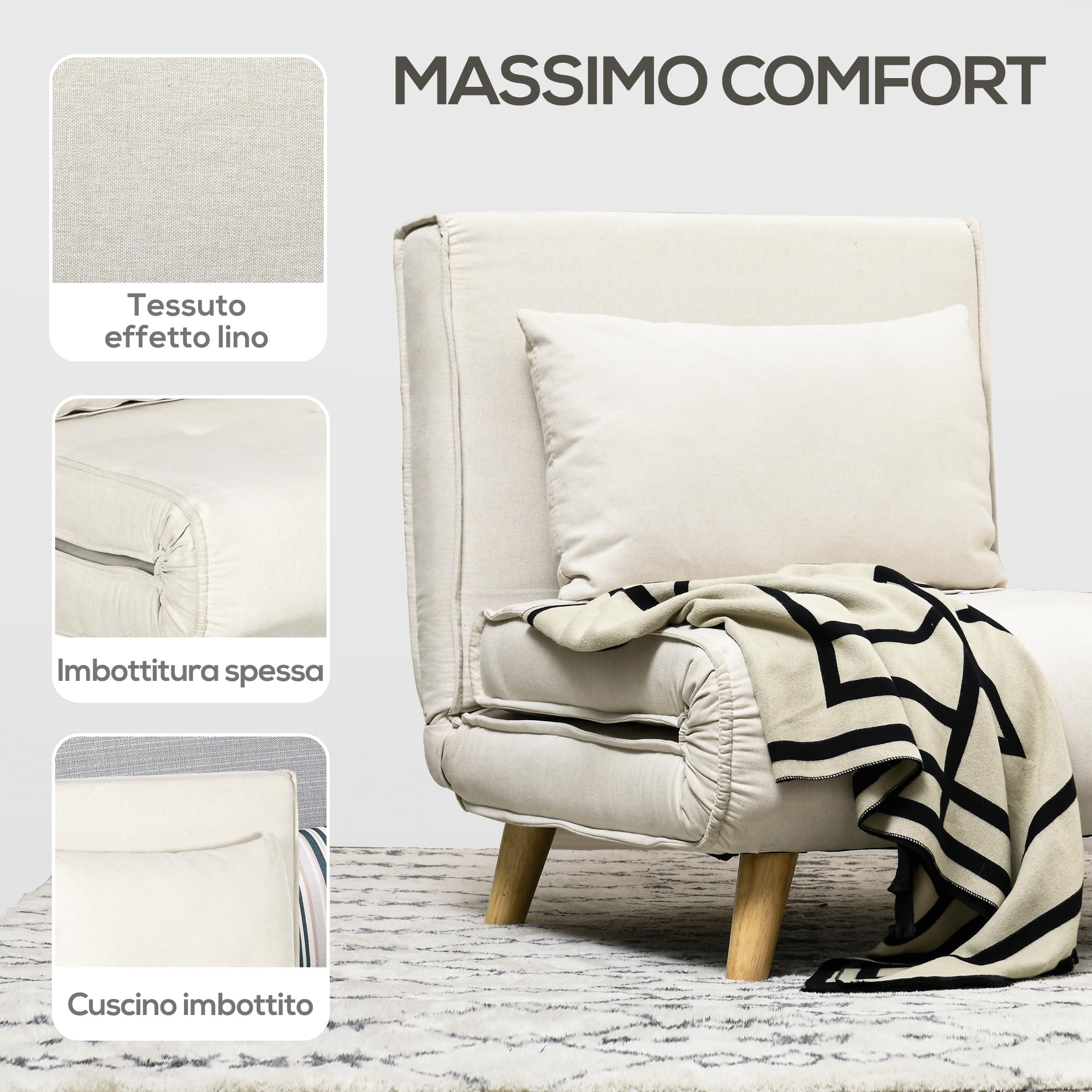 HOMCOM Poltrona Letto Singolo 2 in 1 Schienale Cuscino 72x78x79cm Beige