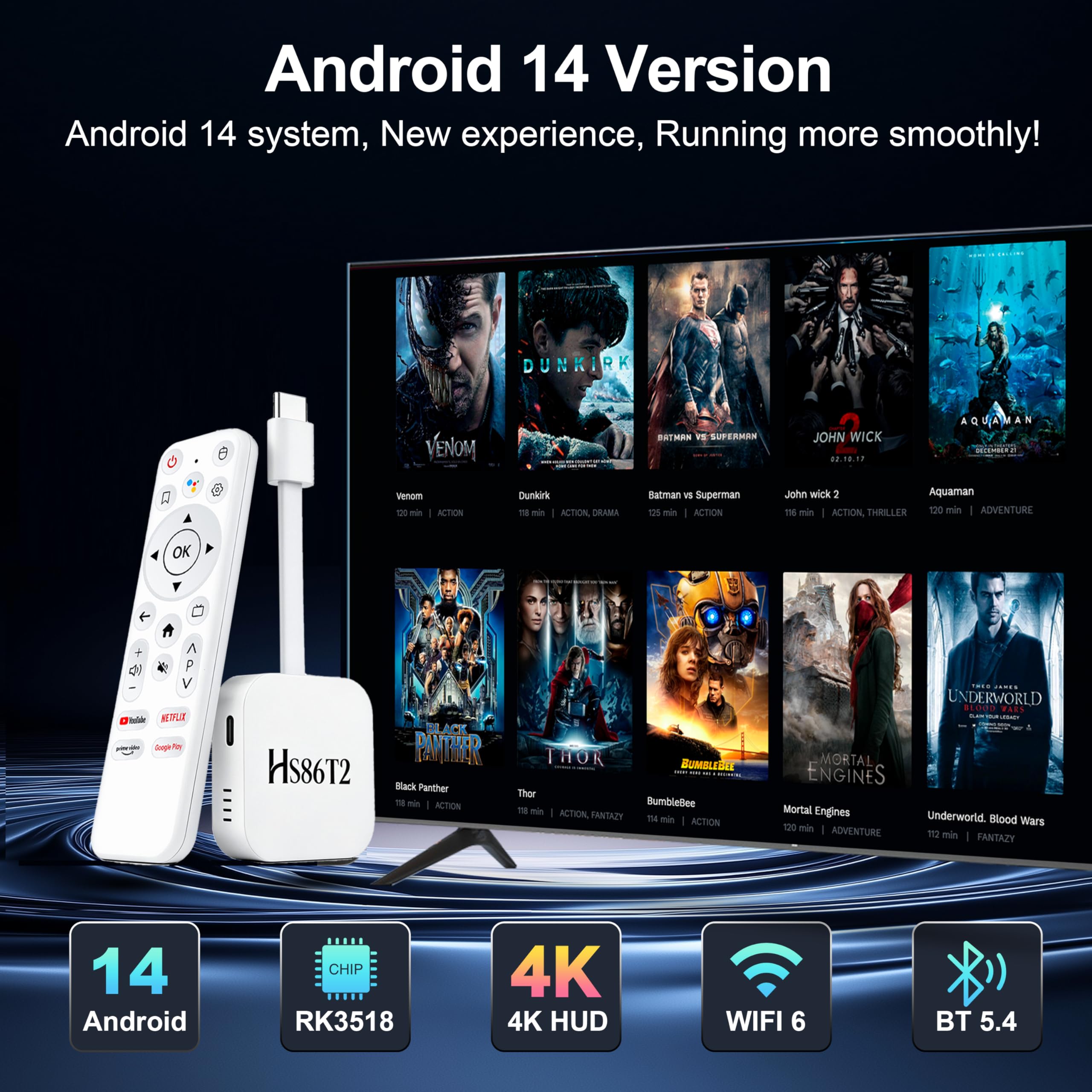 Smart TV Stick Android 14.0 2026 4K @60fps Ultra HD TV Stick Android Box 2GB RAM 16GB ROM RK3518 Processore Dual WiFi 6 2.4G/5G BT5 HDR10+ USB2.0 HDMI 2.0 con Bluetooth Voice Remote