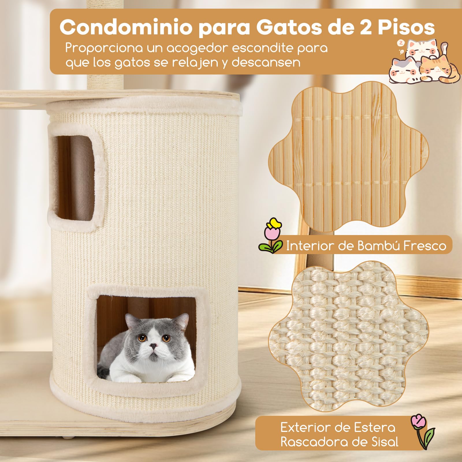 COSTWAY Árbol Rascador para Gatos de 151 cm, Torre Rascador de Escalada Gato con Poste Rascador, Condominio, Alfombra, Cama, Hamaca, Cojín Lavable, Centro de Actividades Multifuncional para Gatos