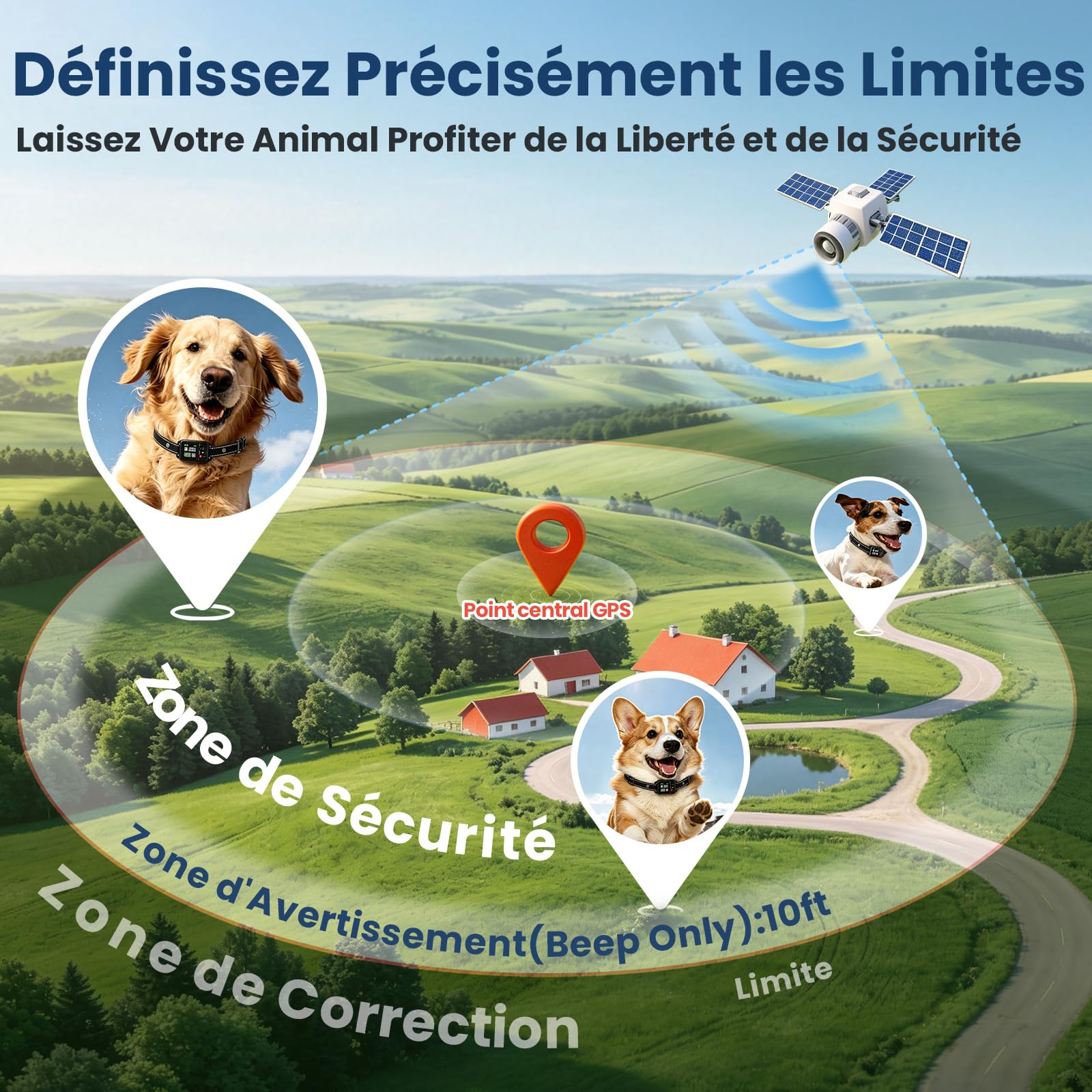 Collier Anti Fugue Chien sans Fil GPS, Collier GPS pour Chien avec Écran Couleur, Clôture GPS Intelligente Haute Précision, Réglable 30-999M, IPX7 Étanche, Utilisation Simple
