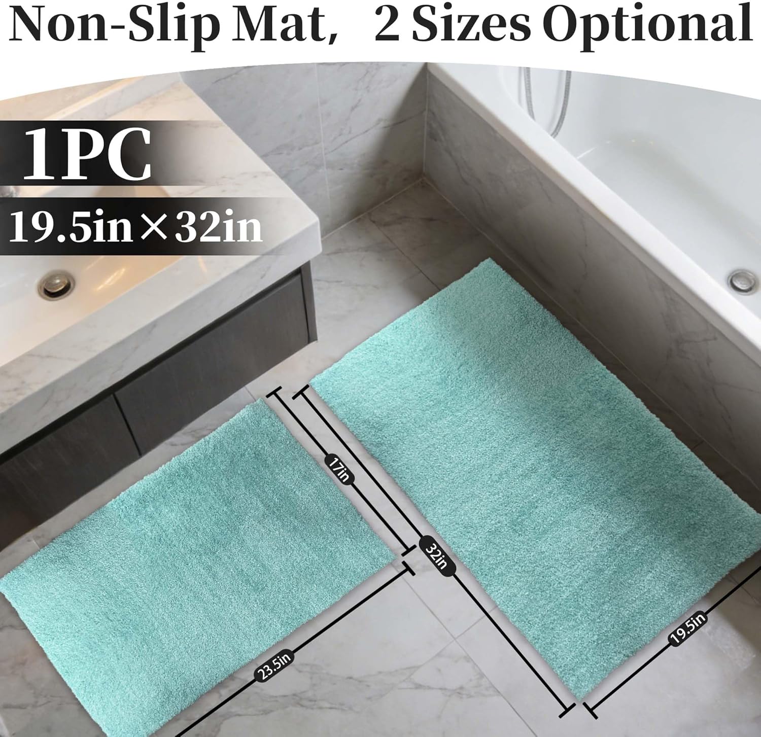 Non-Slip & Super Absorbent Bath Mat, 32x20 Inch Large Microfiber Bathroom Rug, Ultra Plush Quick Dry Machine Washable Shaggy Carpet for Shower Tub Floor, Aqua