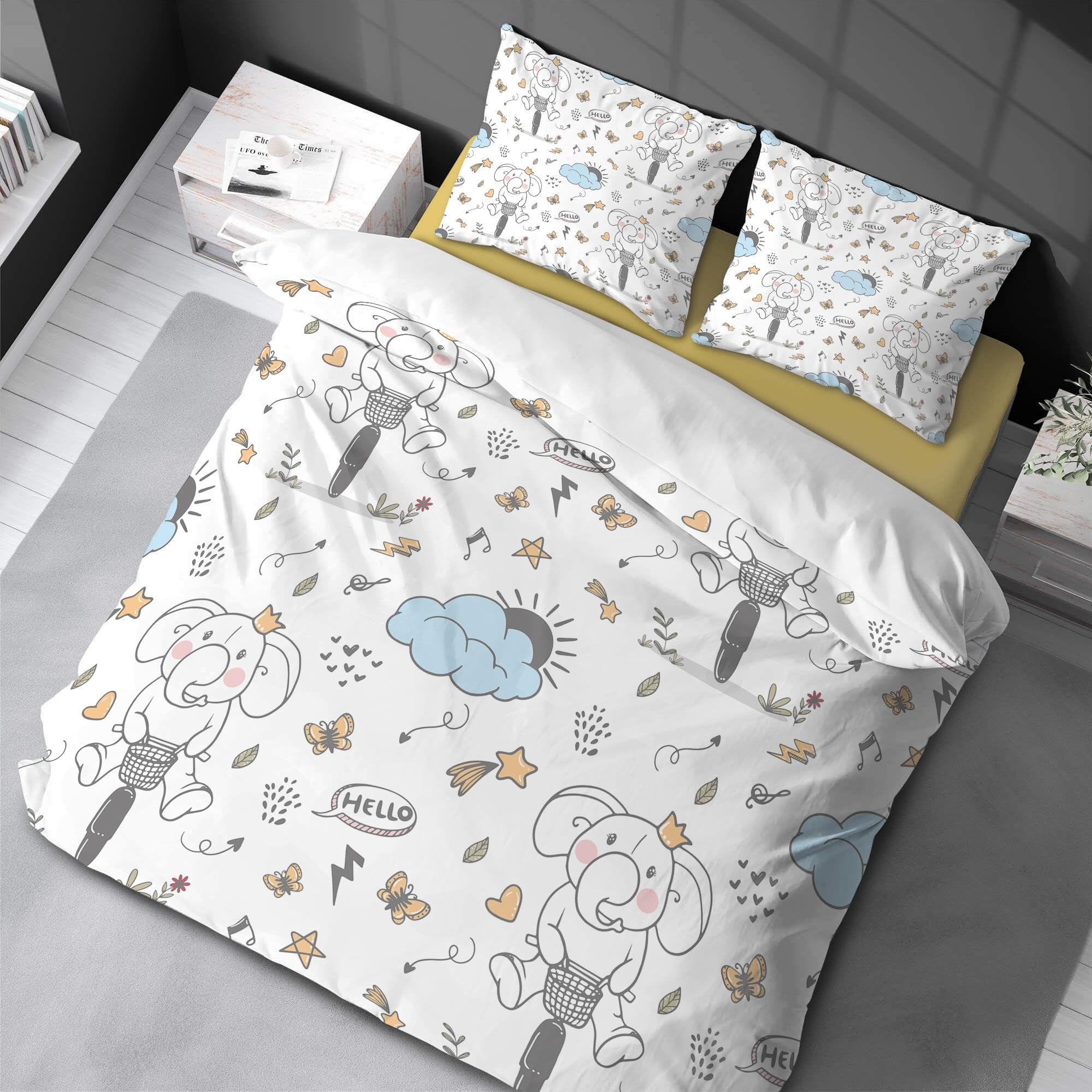 Parure de lit éléphant 200x200 avec taies d'oreiller pour chambre enfant kawaii