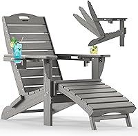 Vista 12 de Ciokea Juego de 2 sillas plegables Adirondack con otomano retráctil para hoguera, silla de patio con reposapiés extraíble, resistente a