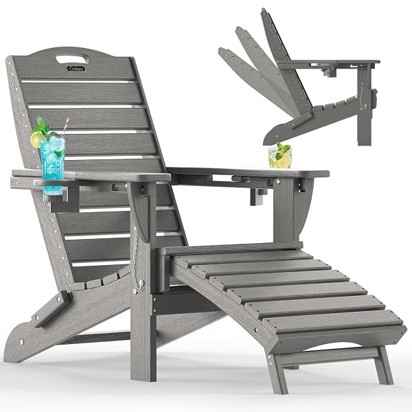 Folding Adirondack Chair with Retractable Ottoman Fire Pit Patio Chair with Pull Out Foot Rest Weather Resistant Lawn Outdoor Lounge Chair with 2 Cup Holder (Grey)