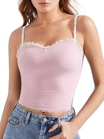OMKAGI Lace Tank Tops for Women Sexy Double Lined Y2K Going Out Basic Cami Shirt