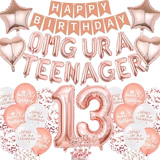 13th Birthday Decorations for Girls - Teenager Party Supplies Rose Gold Happy Birthday Banner, OMG UR A Teenager Foil Balloons Number 13 Balloon Cake Topper for 13 Year Old Teen