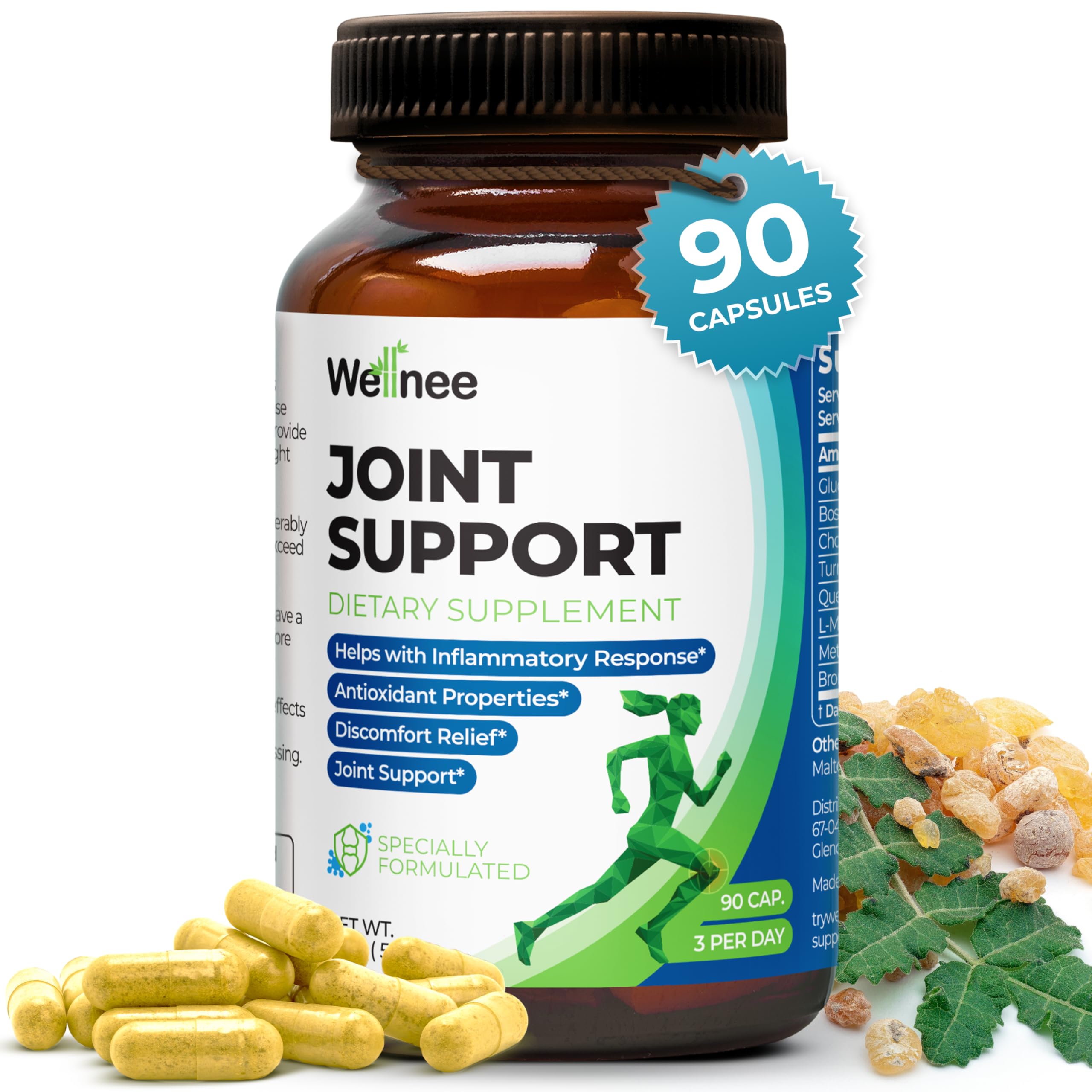 Joint Support Supplement - Glucosamine Chondroitin MSM, Boswellia & Turmeric - Relieves Joint Discomfort & Supports Flexibility - Wellknee Joint Support - 90 Capsules, 30 Servings