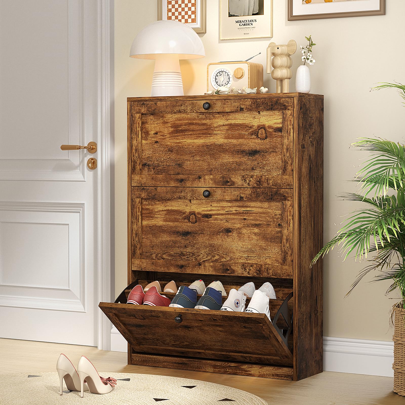 VOWNER Zapatero Estrecho, Zapatero 3 Puertas, Zapatero Entrada Recibidor, 80 x 24 x 116 cm (Largo x Ancho x Alto), Zapatero Madera, para Entrada Estrecha, Pasillo (Marrón Vintage)