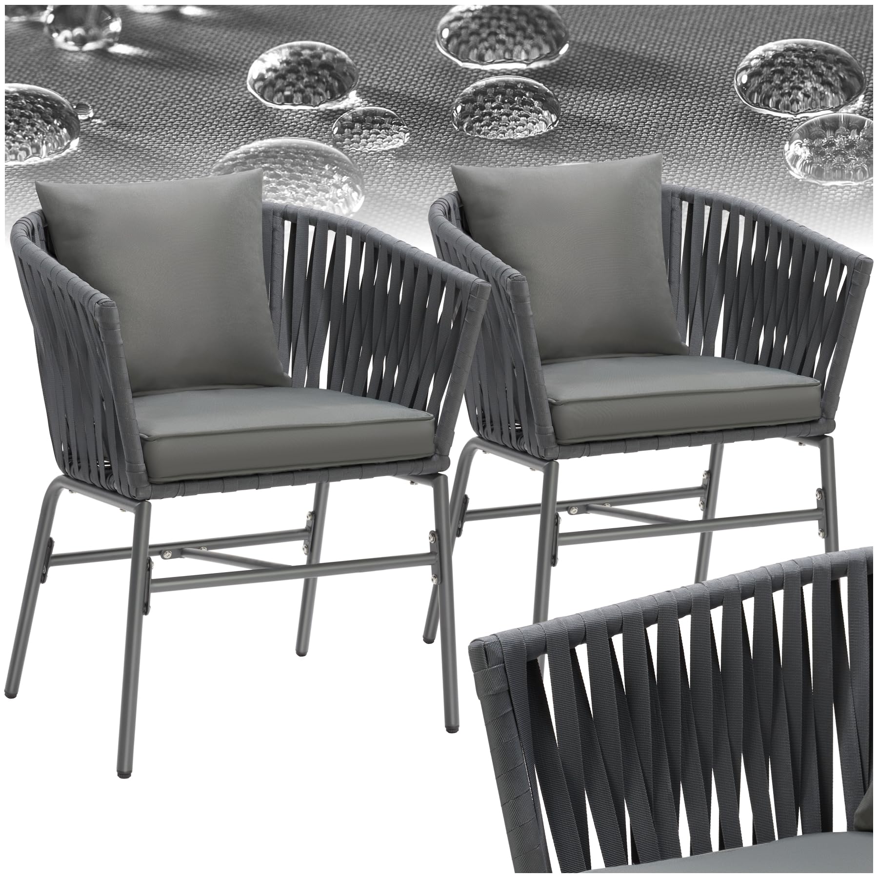 TecTake® Sillas Jardin Exterior con Cojines Gruesos, Sillas Cómodas Terraza, Sillas Cocina, Muebles de Exterior e Interior, Silla Tocador Maquillaje, Sillas de Comedor - 2 Sillas Gris Oscuro
