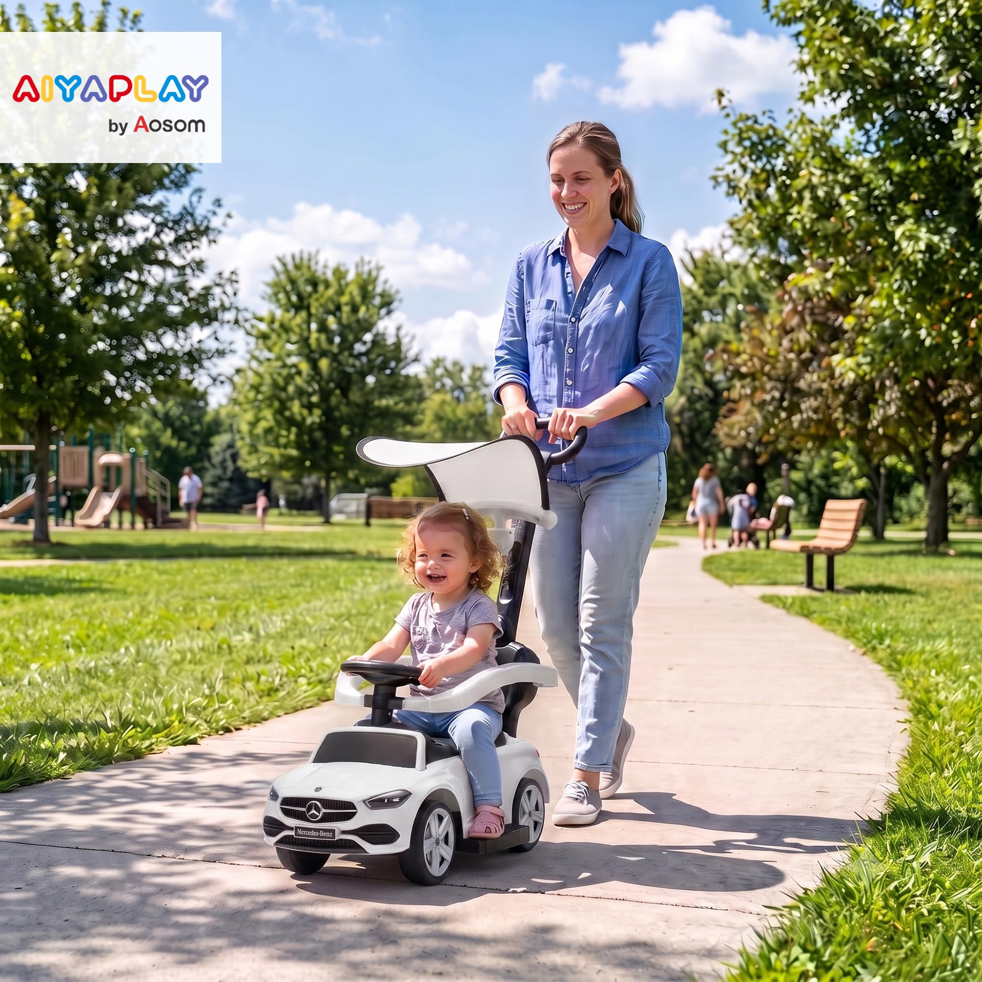 AIYAPLAY jeździk pchacz 3 w 1 Mercedes-Benz dla dzieci, z rączką do pchania, daszkiem, barierkami, klaksonem, muzyką i schowkiem, 12-36 miesięcy, biały