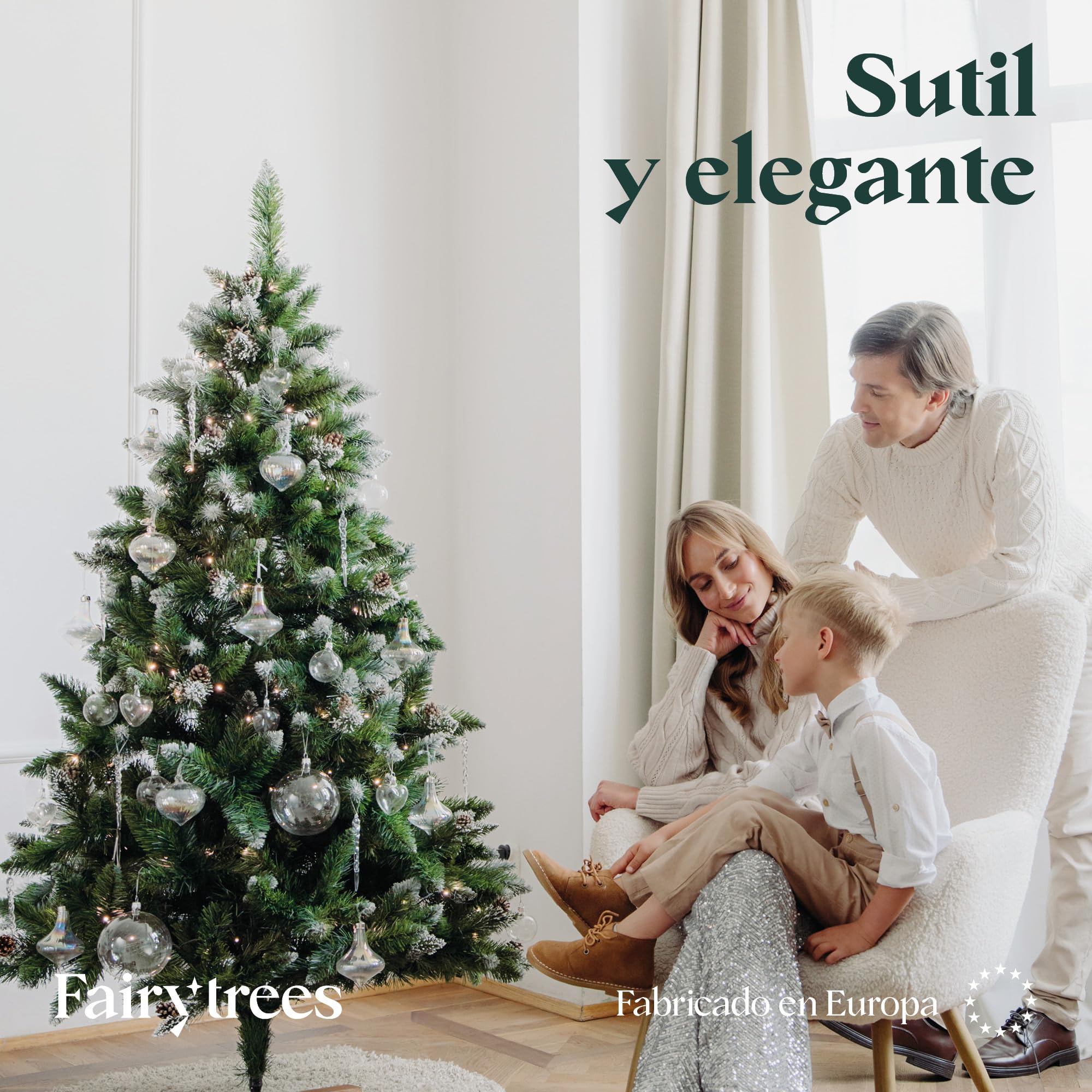 FairyTrees árbol de Navidad Artificial 220cm Pino con el Soporte de Madera | árbol Artificial Blanco nevado| Fabricado en EU