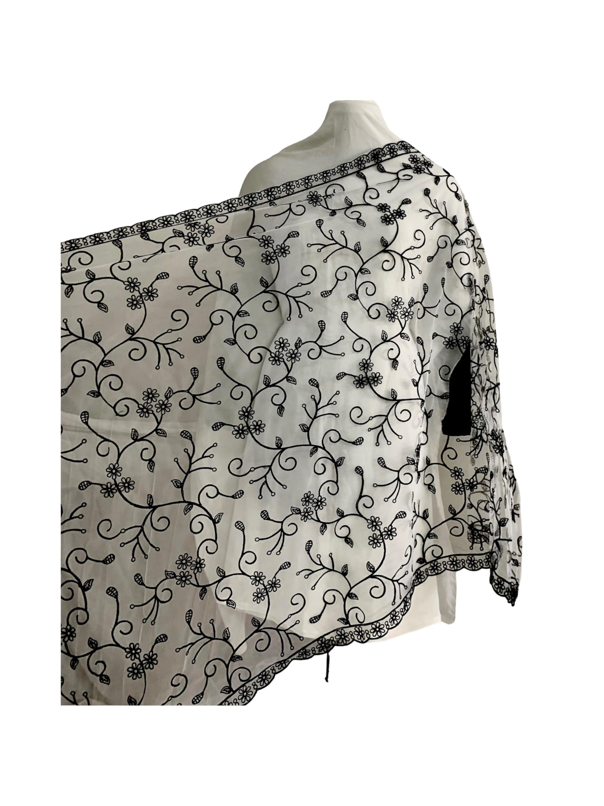 HEAVY NET EMBROIDERY DUPATTA FOR WOMENS (BLACK COLOUR THREAD ON WHITE NET) FULL SIZE PIECE (L:-2.10 AND W:-36 INCH) - CUTWORK-PICO ON SIDES OF IT-picture-26