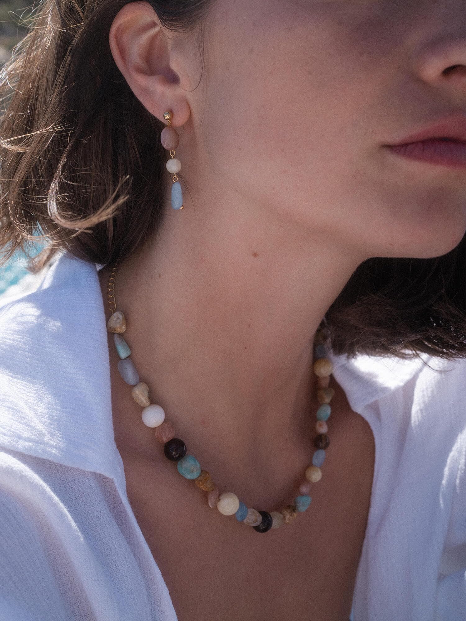Purelei Sunrise Ohrringe – Hängeohrringe mit Aquamarin, Sonnenstein & Albit – Edelstahl 18K vergoldet – Damen Schmuck 37 mm – Zarte Farben & Aloha-Vibes