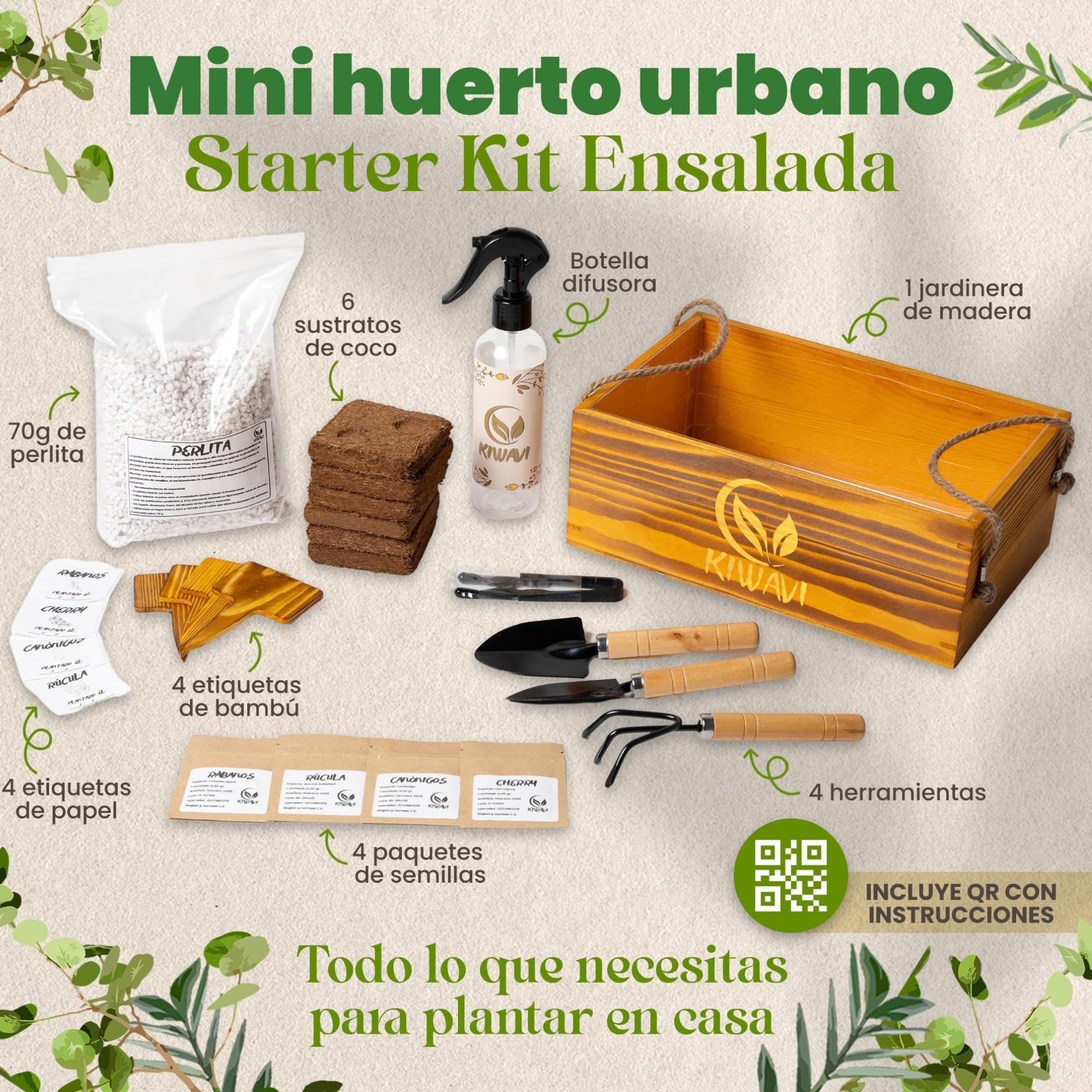 Mini Huerto Urbano Interior y Exterior – Kit Completo de Cultivo en Casa – Semillas de Tomate Cherry, Rúcula, Canónigos y Rábanos – Fácil de Usar
