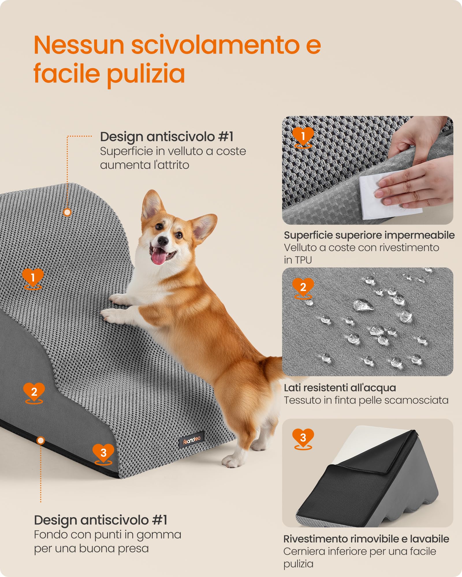 Feandrea Scala a 3 Gradini per Cani, Velluto Goffrato, Pendenza per Letto, Divano, Scaletta per Animali Impermeabile e Antiscivolo, Copertura Sfoderabile e Lavabile, Grigio Tortora PPS013GD01