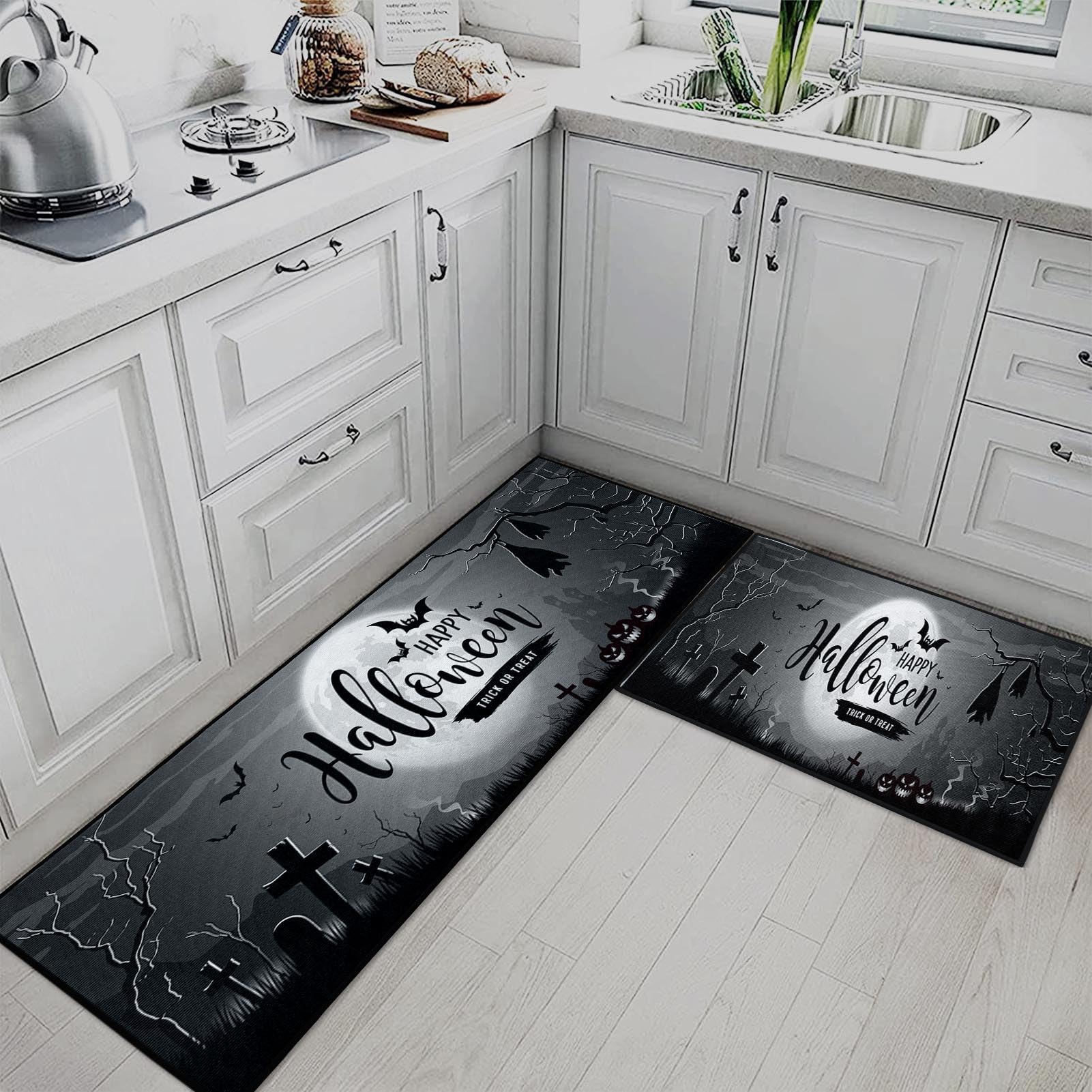 Tayney Grey Kitchen Rugs and Mats Non Skid Washable Set of 2, Happy Halloween Moon Castle Trees Mats for Floor, October Holiday Spooky Trick or Treat Under Sink Kitchen Runner Rug