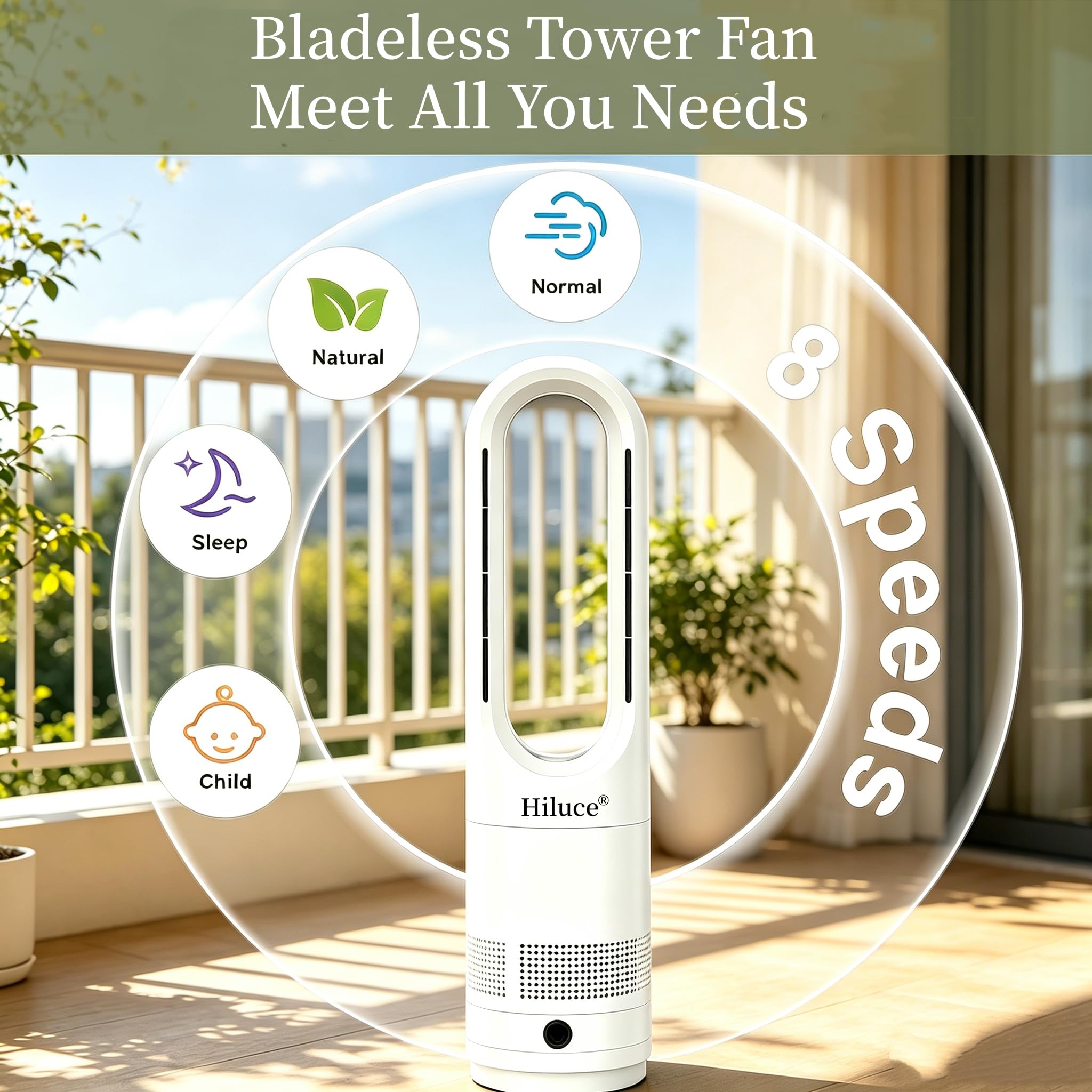 Hiluce Turmventilator ohne Flügel für Schlafzimmer, Oszillierender Ventilator 20 dB, leiser Standventilator mit Fernbedienung, Touch, LED-Display mit 8 Geschwindigkeiten, Timer