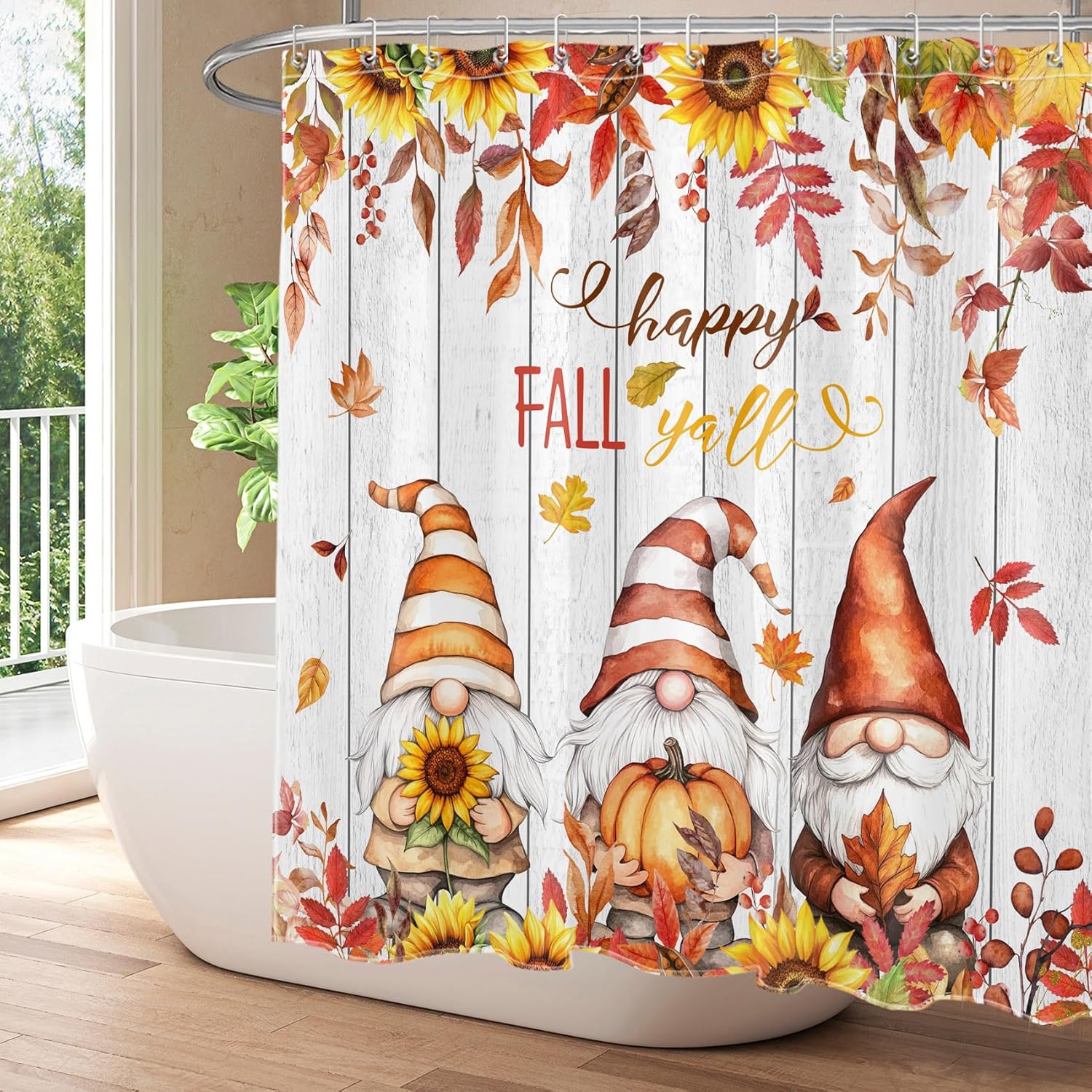 Rustic Fall Shower Curtain for Bathroom Decor, Funny Gnome and Orange Maple Leaf Pumpkin Sunflower on Rustic Wood Shower Curtain with Hooks Autumn Bathroom Curtains Shower Set, 72W x 78L inches