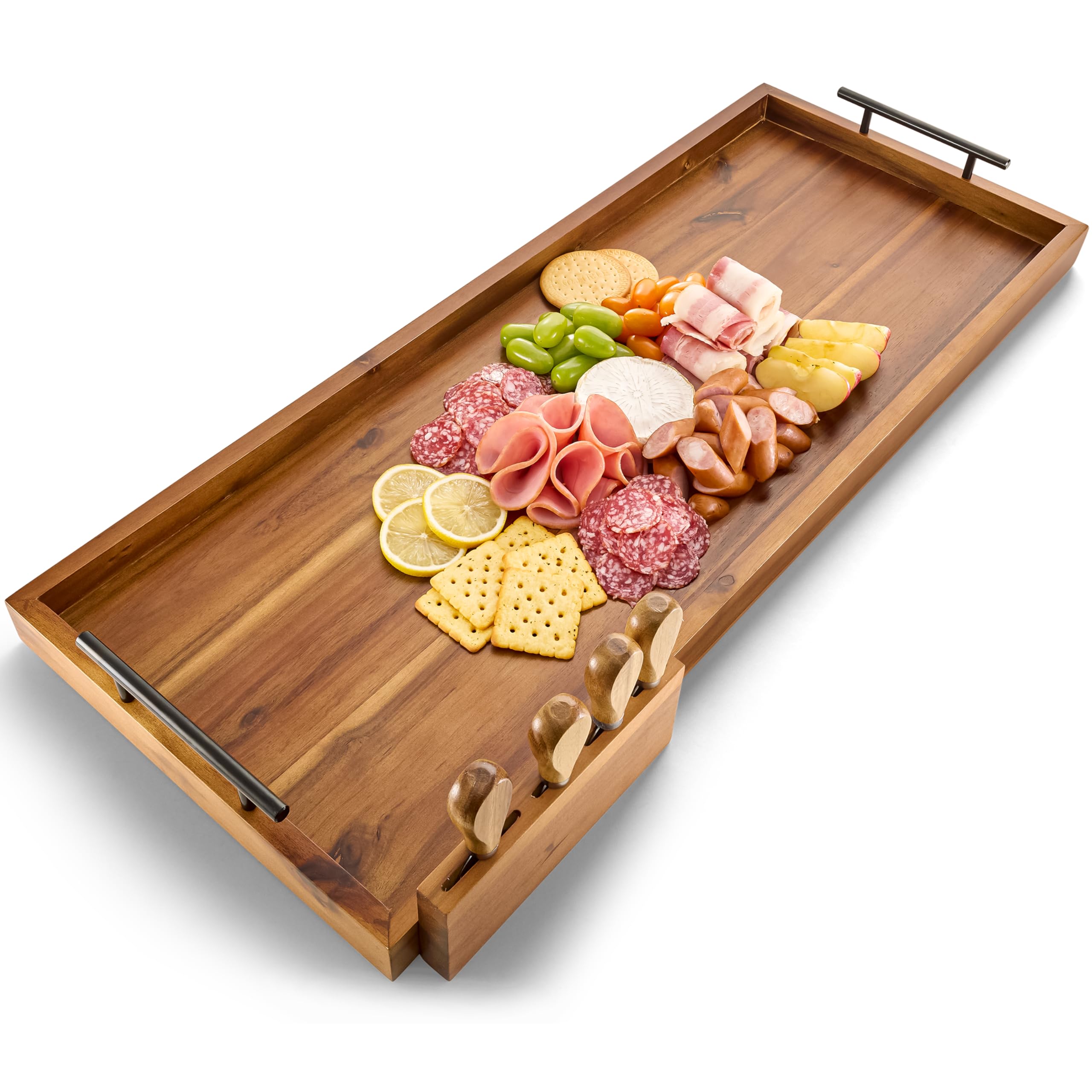 TIDITA 30 inch acacia charcuterie board with metal handles and cheese knife set