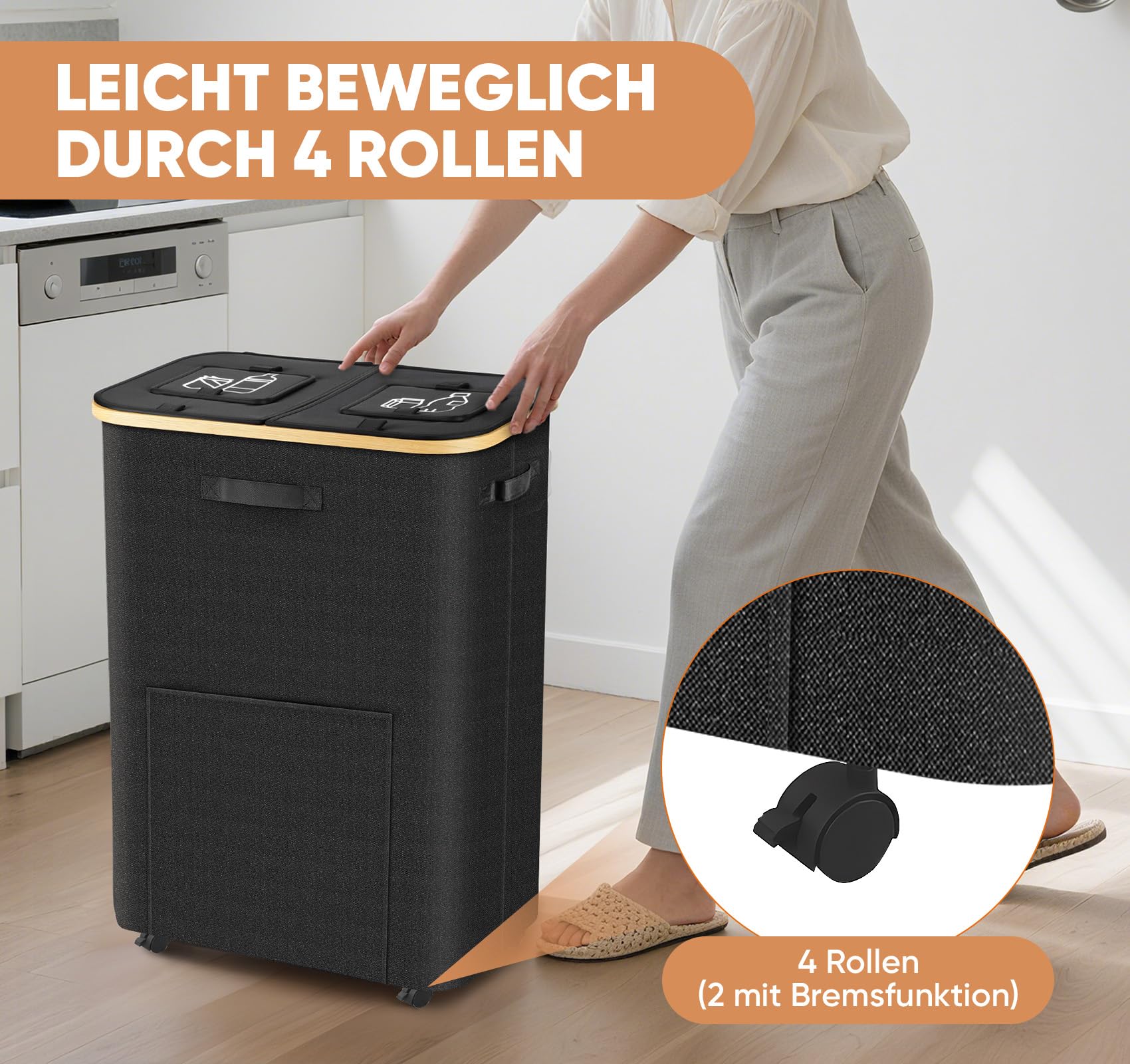 2 Set 160L Leergut Sammelbehälter mit 2 Fächer, Pfandflaschen Sammelbehälter mit Rollen, Pfandbehälter mit Deckel, Flaschensammler Leergut, Klappbar Pfandsammler Organizer Platzsparend